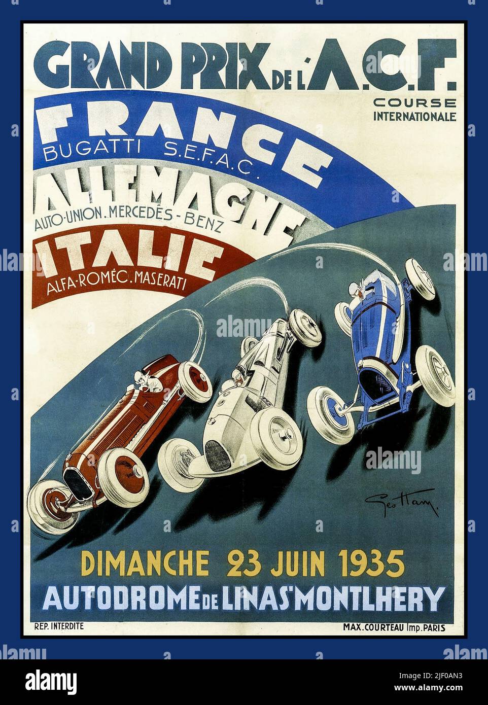 1935 Grand Prix Motor Race de L'A.C.F by George Ham Vintage Poster Autodrome de Linas'Montlhery France Stock Photo