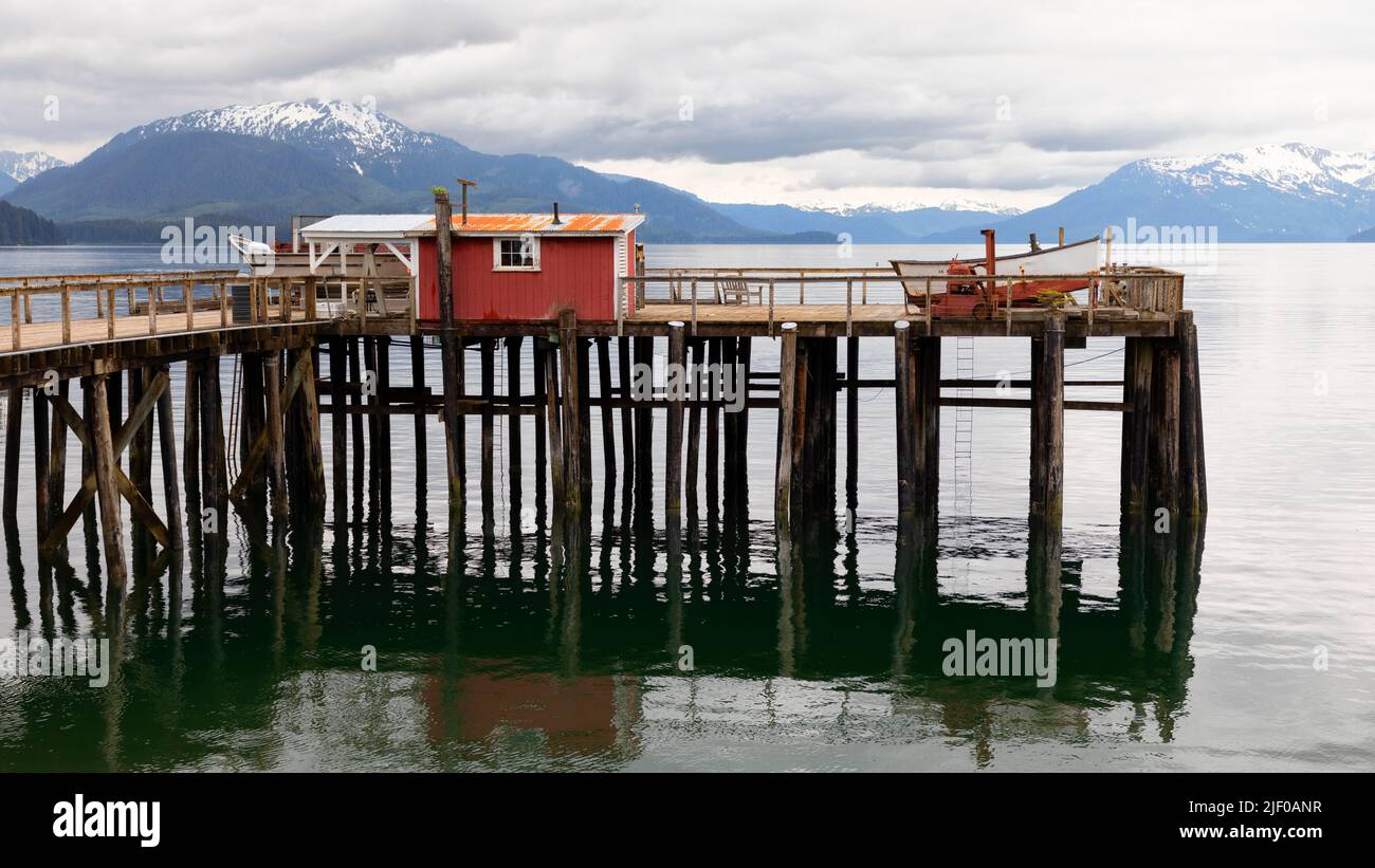 Wooden pier at Icy Point Strait Hoonah City, Chichagof Island, Southeast Alaska, USA Stock Photo