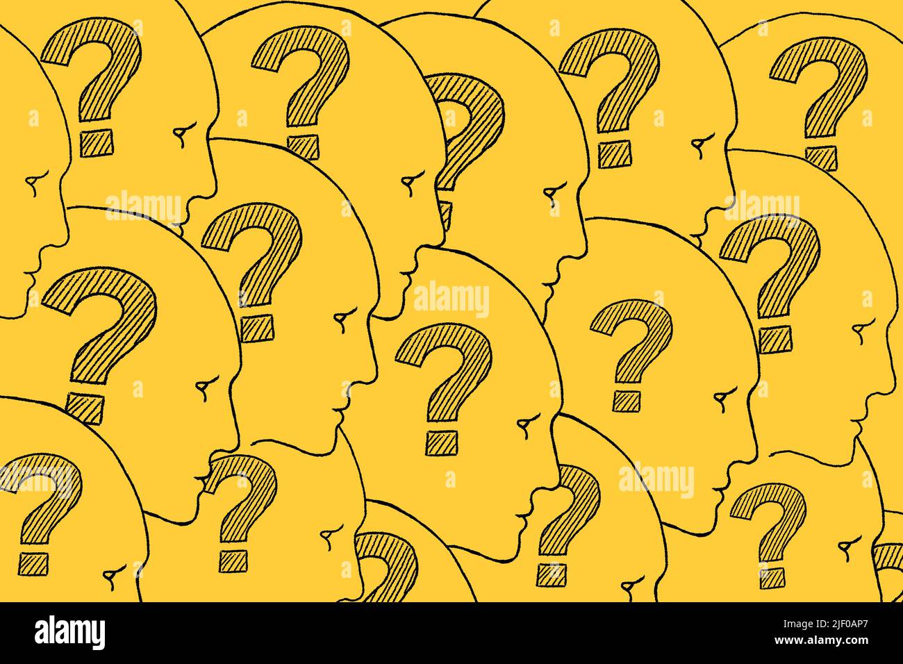 Human faces with question marks inside. Illustration on yellow background. FAQ. Stock Photo