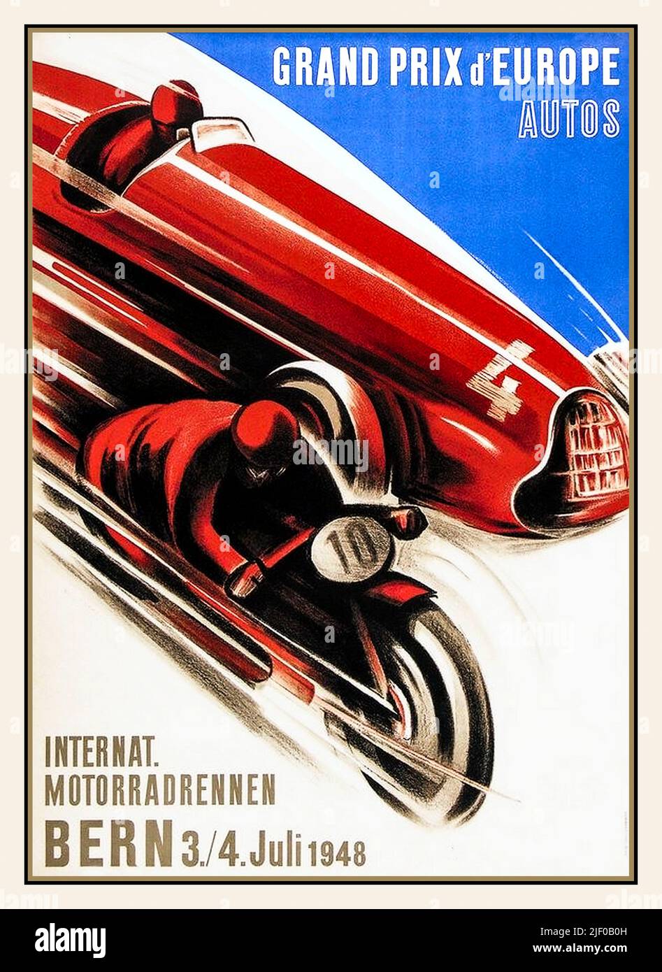 1948 Grand Prix d'Europe Vintage Poster Autos  Internat. Motorradrennen Bern Switzerland.The 1948 Swiss Grand Prix was a Grand Prix motor race held at Circuit Bremgarten, near Bern, on 4 July 1948. race winner, the Italian driver Carlo Felice Trossi on the Circuit Bremgarten near BERN Switzerland Stock Photo