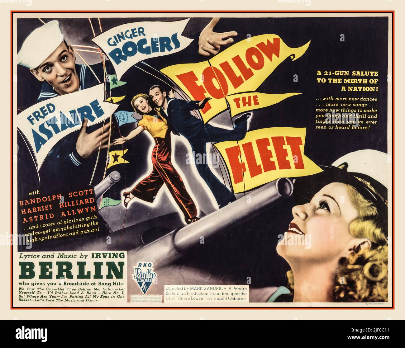 Vintage Movie Poster 'Follow the Fleet' starring Ginger Rogers & Fred Astaire 1936   A 21-gun salute to the mirth of a nation! with Randolph Scott, Harriet Hilliard, Astrid Allwyn. Music and Lyrics by Irving Berlin RKO Radio Picture Stock Photo