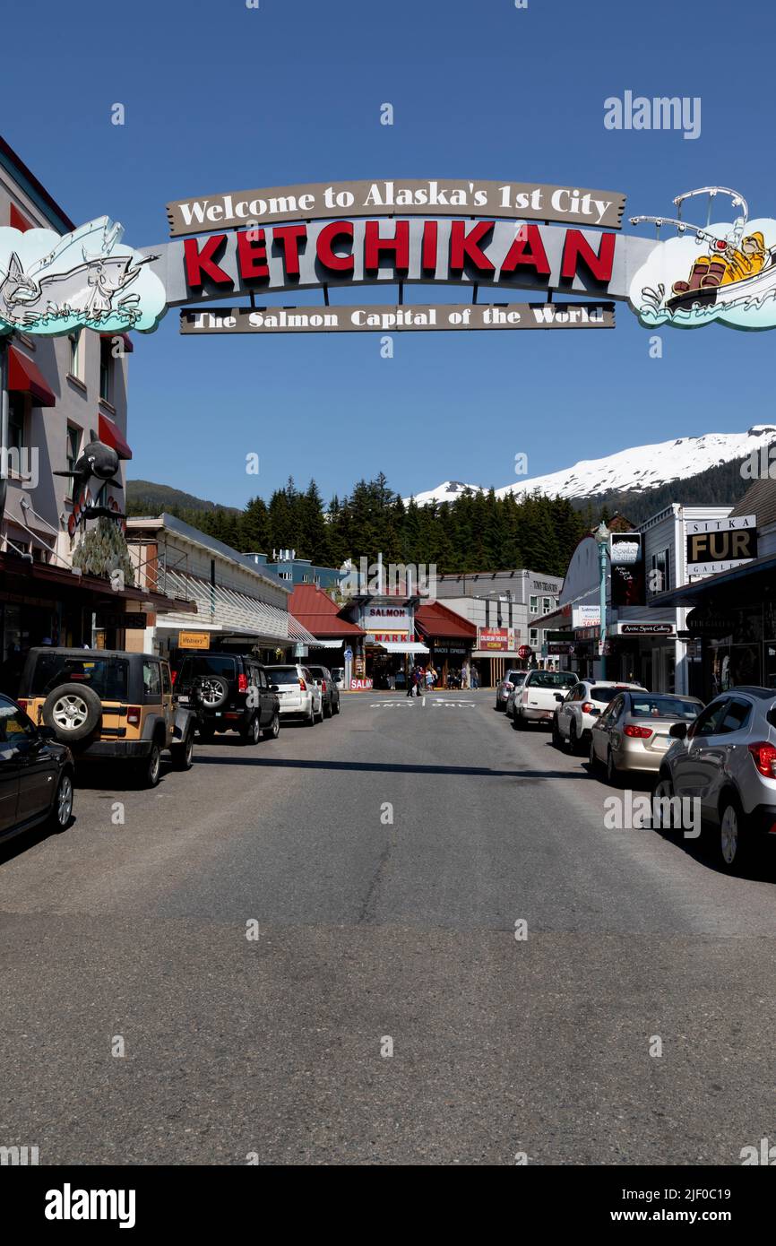 Welcome to Ketchikan Sign. Ketchikan Alaska USA. Stock Photo