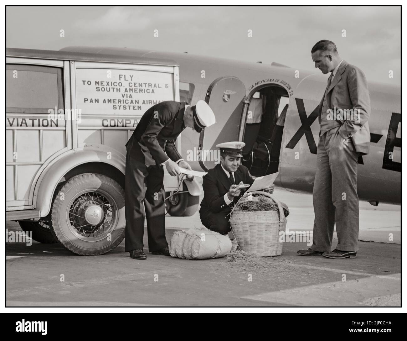 Plant quarantine inspectors 1930s examining aviation baggage from Mexico for injurious insects. Glendale Airport, California Dorothea Lange, photographer. Farm Security Administration Created / Published 1937 May. California USA  City Glendale Country United States County Los Angeles County State California Stock Photo