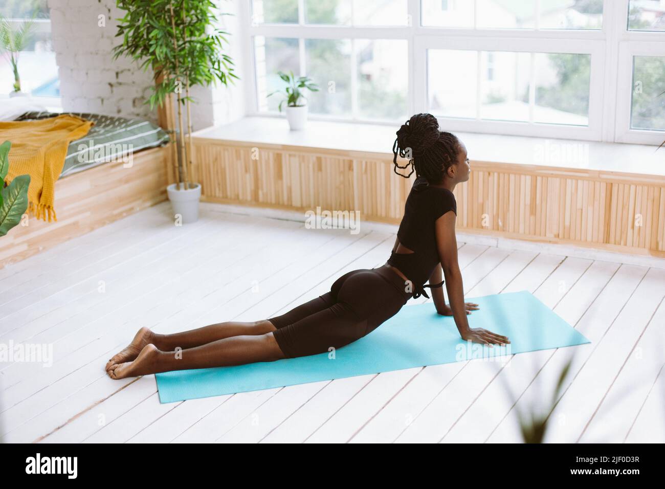 Rearview relaxing multiracial woman in black outfit doing exercises, practising yoga cobra pose near window. Health care Stock Photo