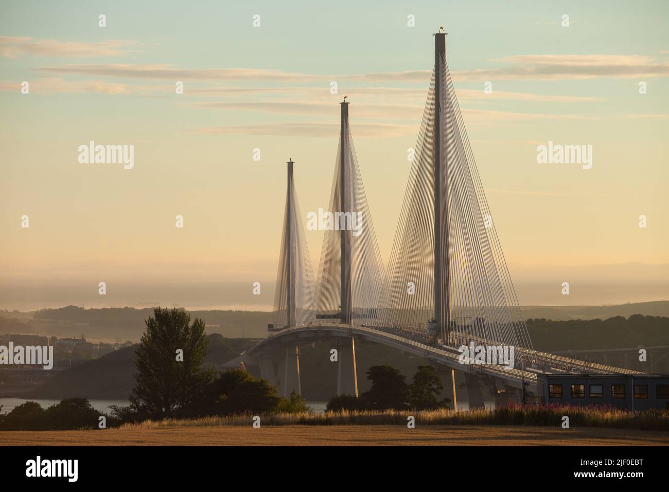 The Queensferry Crossing the new bridge over the Firth of Forth  at sunrise, Edinburgh Scotland. Stock Photo