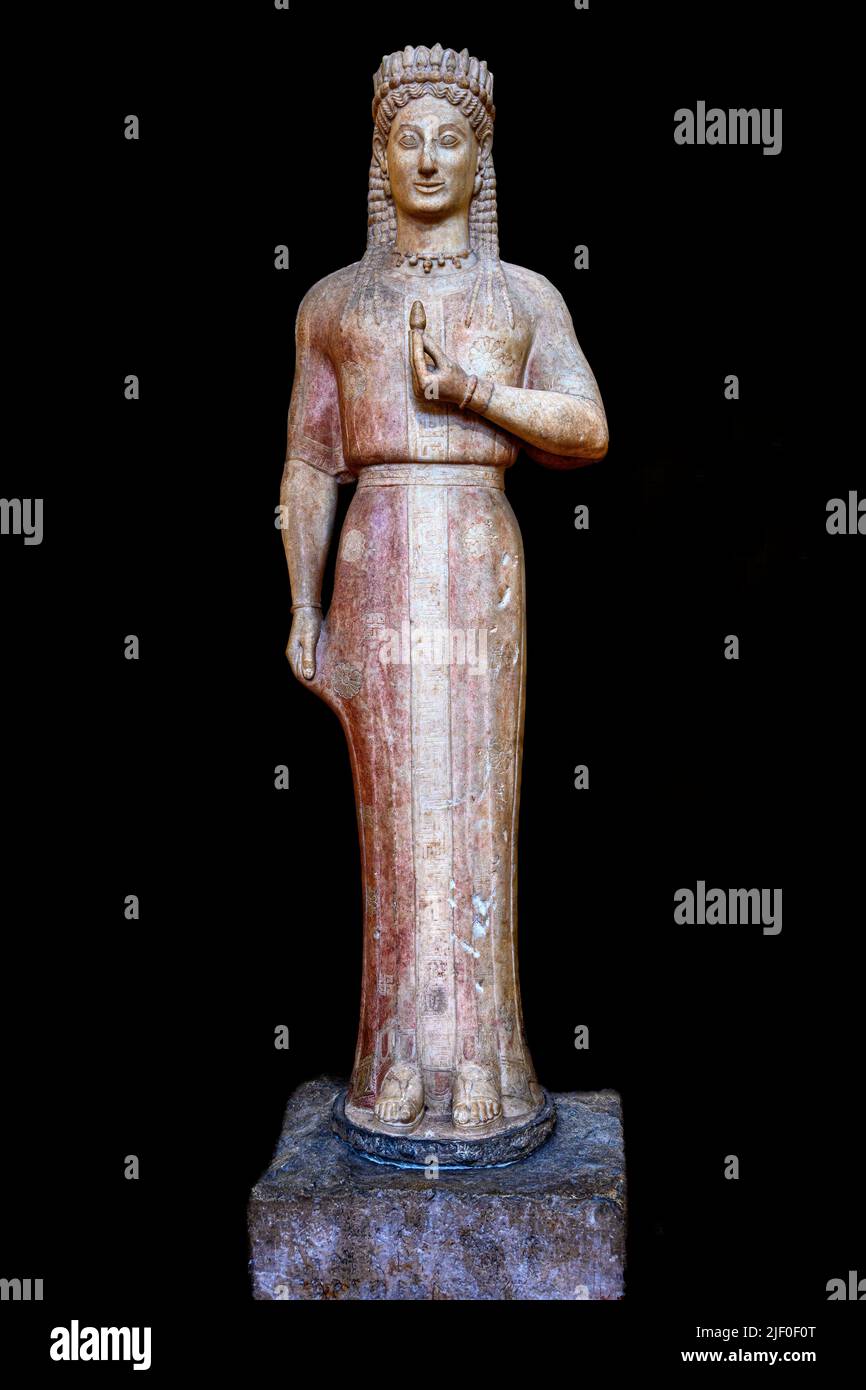 Funerary Statue of a woman, known as a Kore, found in  on the grave of Phrasikleia at Merenda,  Ancient Myrrhinous,  Archaic period,  about 550-540 BC Stock Photo