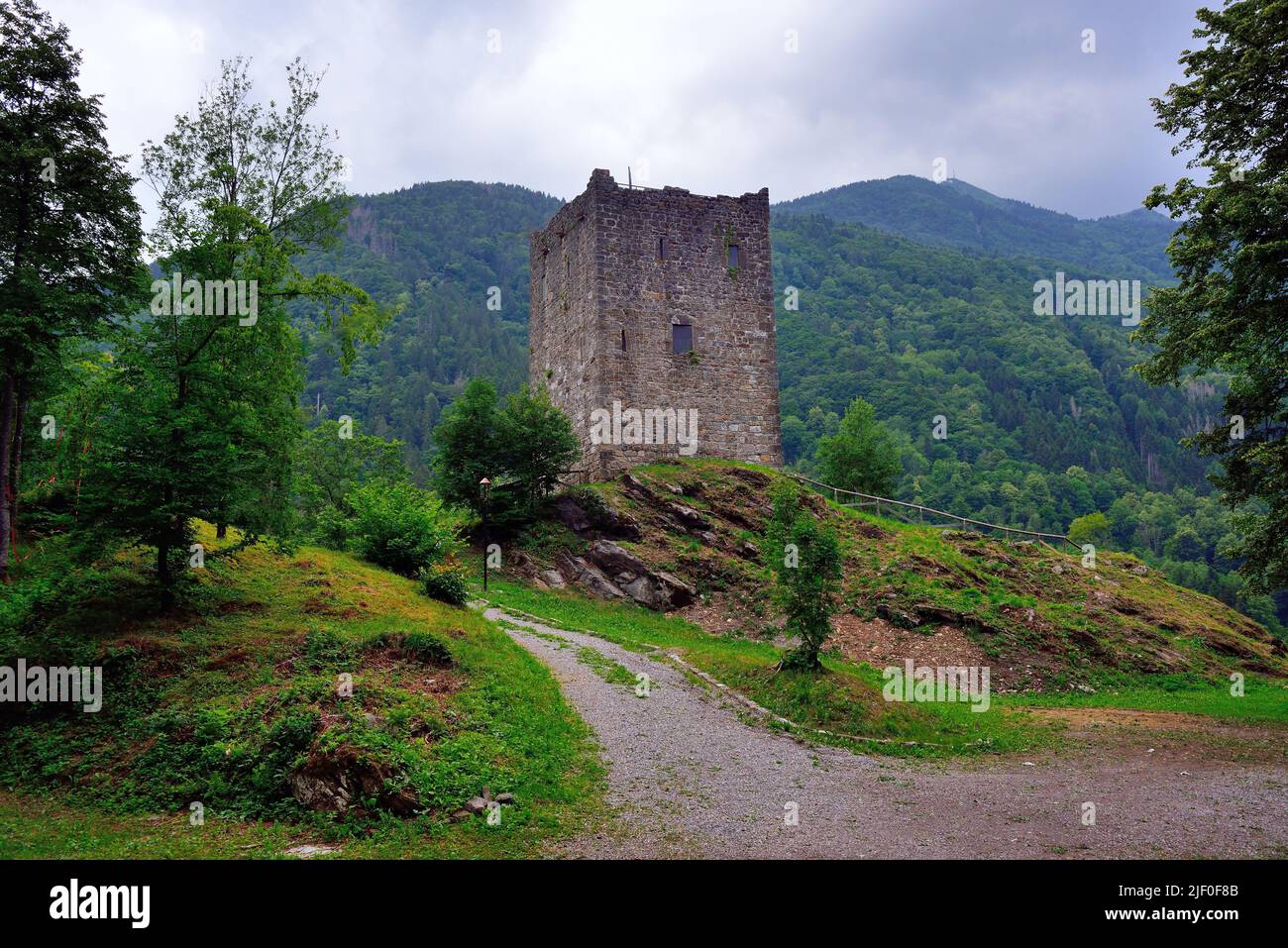 Friuli, Italy. The Moscarda Tower, dating back to the 13th century, is located in Paluzza, at the locality "Enfretors" (between the towers), a toponym given by the fact that since ancient times there were two towers on the banks of the River Bût: the left one, the Moscarda Tower, still visible and another on the right bank destroyed in the last century (1836). The origins of the Tower are closely connected with the creation of the consular road called "Via Iulia Augusta", which from Aquileia, through the Passo di Monte Croce Carnico, led to Norico. Stock Photo