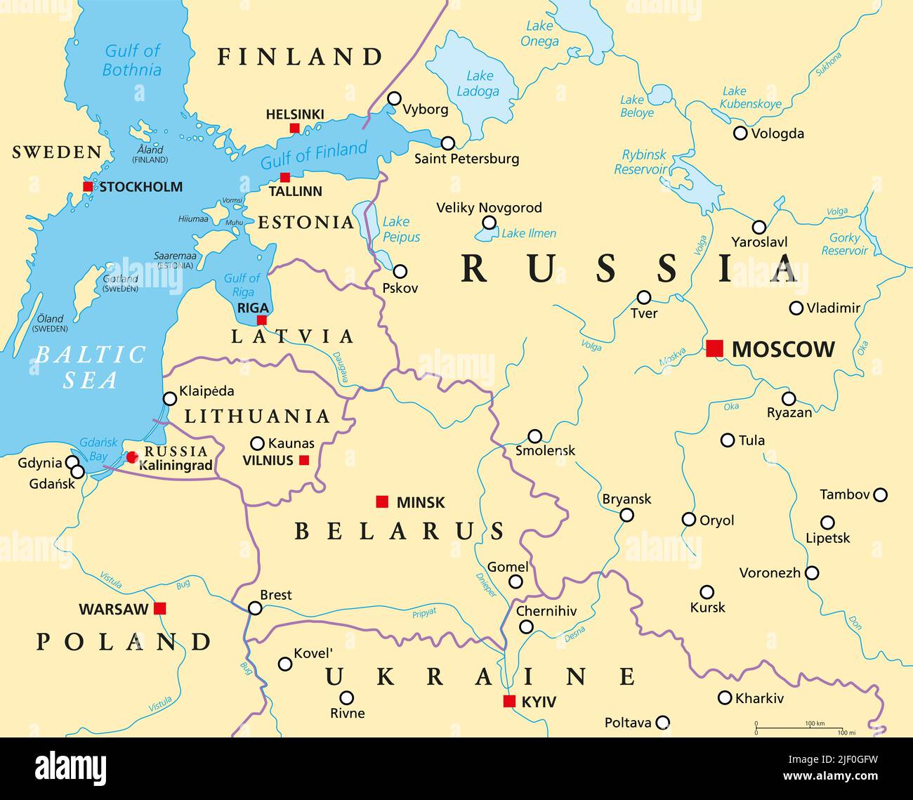 Baltic States and Kaliningrad, political map. From Finland to Estonia, Latvia and Lithuania, to Poland, from Russian exclave Kaliningrad to Moscow. Stock Photo