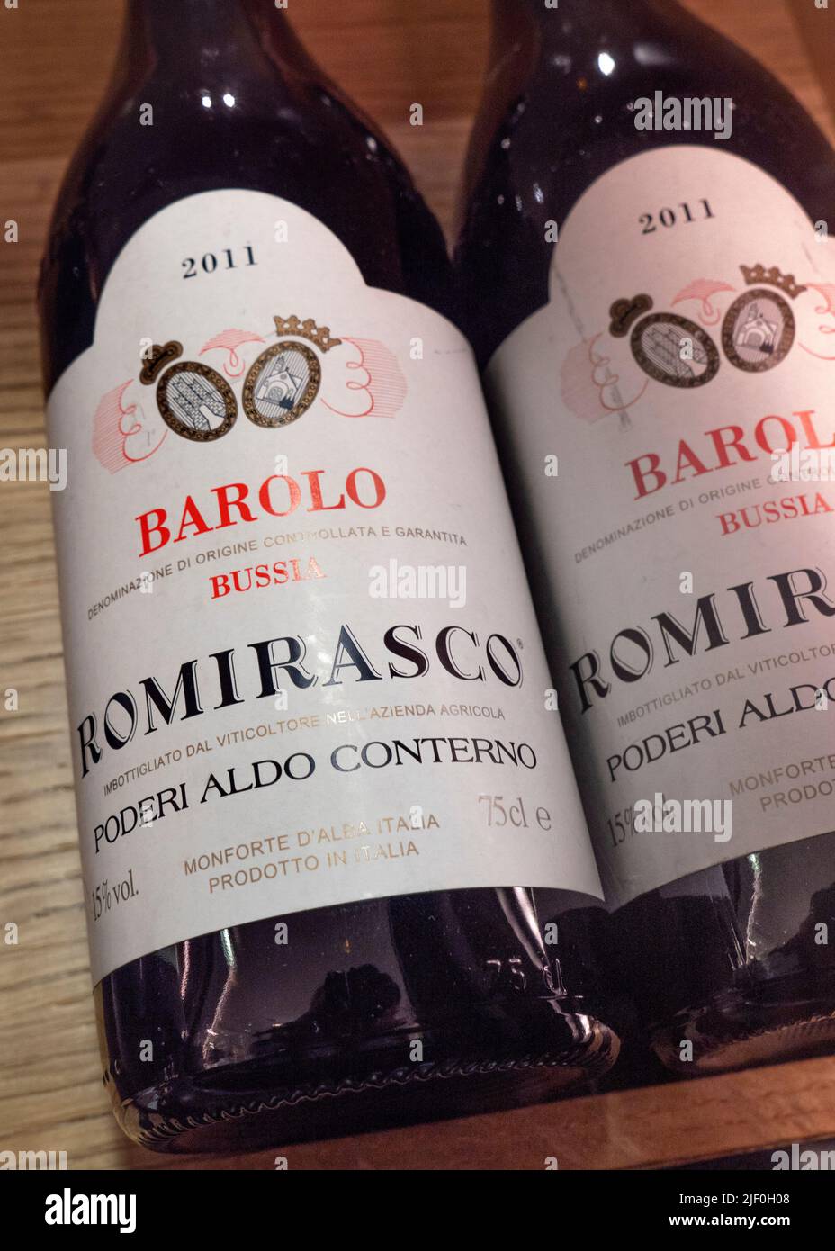 BAROLO Italian Wine on display for sale at Fortnum and Mason wine department.  2011 Poderi Aldo Conterno Romirasco Bussia Barolo DOCG, Italy The Romirasco vineyard sits high on the Bussia Soprana hill. It is owned entirely by the Conterno family and is one of their most important single-vineyard Barolo. In 2011, this is an intensely vibrant wine with a bouquet of violets and roses, with notes of balsamic, liquorice and leather. With an elegant structure, the wine is beautifully balanced with pristine fruit and excellent length. Stock Photo