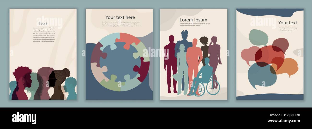 Diversity inclusion and equality concept. Group of multicultural and multiethnic men and women.Silhouette people of diverse cultures.Editable brochure Stock Vector