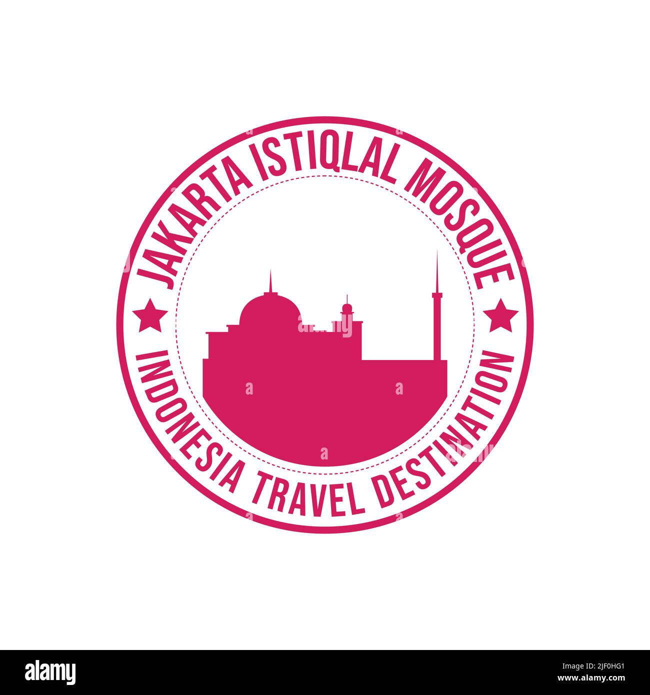 Rubber stamp with the text Jakarta Istiqlal mosque travel destination written inside the stamp. Indonesia historical famous worship place architecture Stock Vector