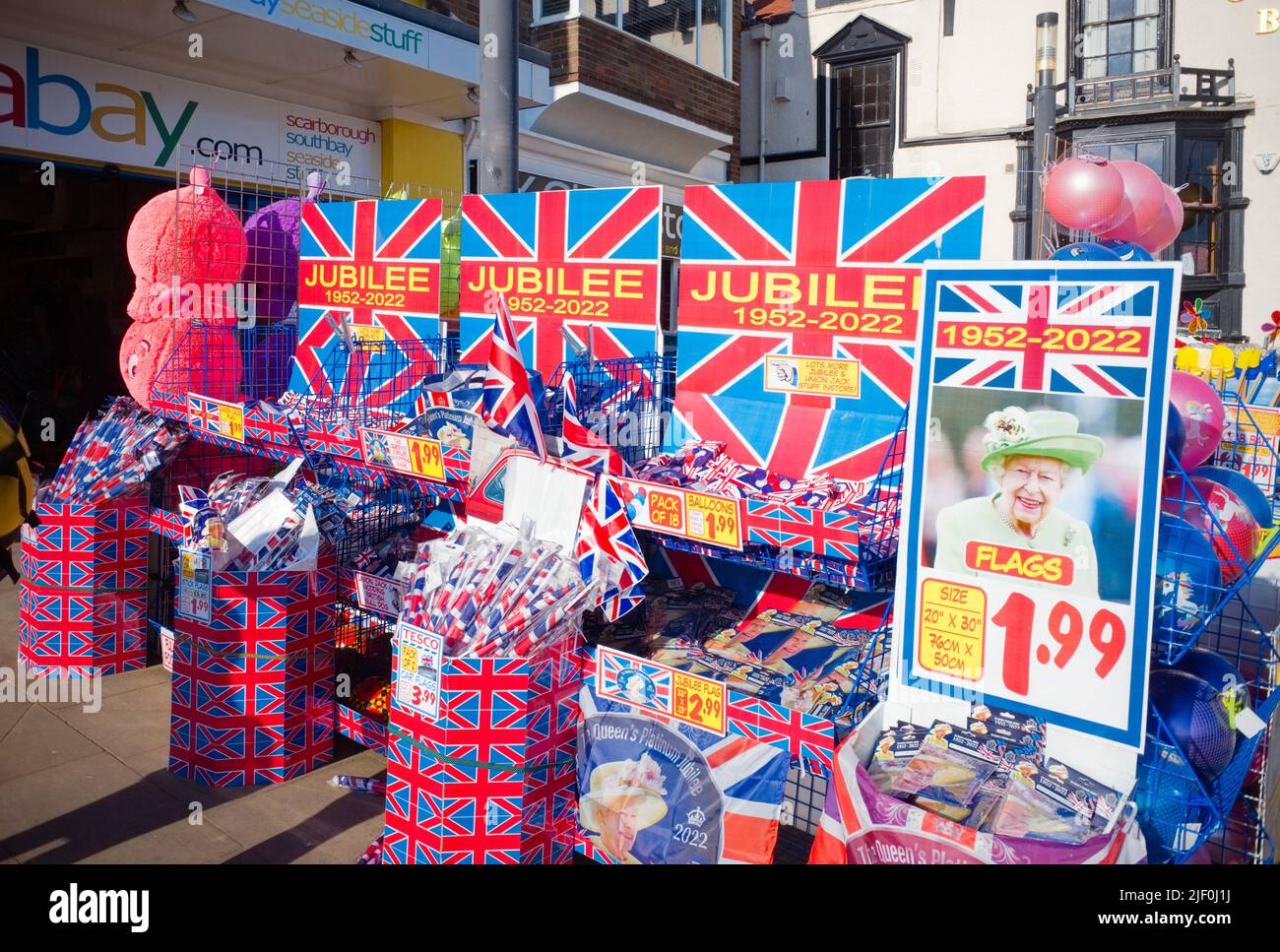 Cheap goods for the Platinum Jubilee celebrations 2022 on an outside display in Scarborough Stock Photo