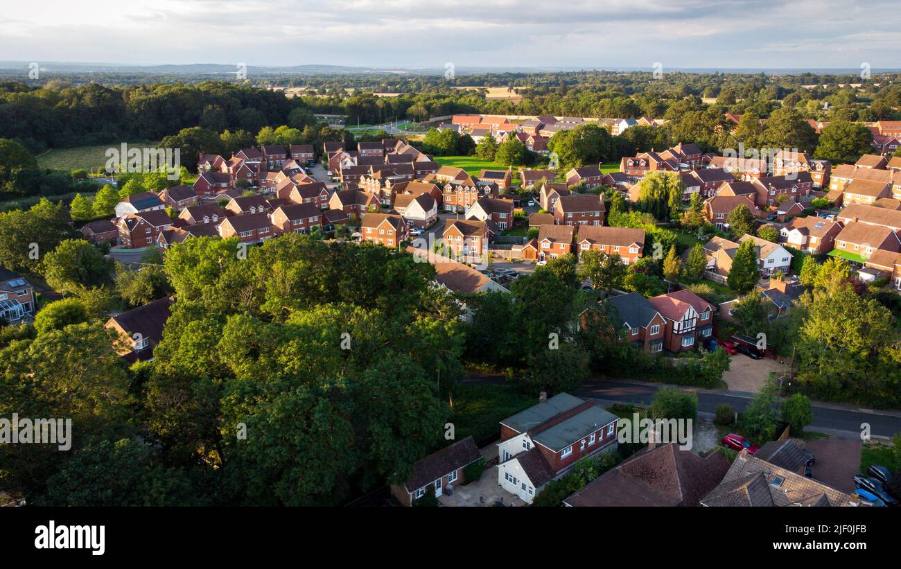 An aerial view of rural houses surrounded by green trees under sunlight ...