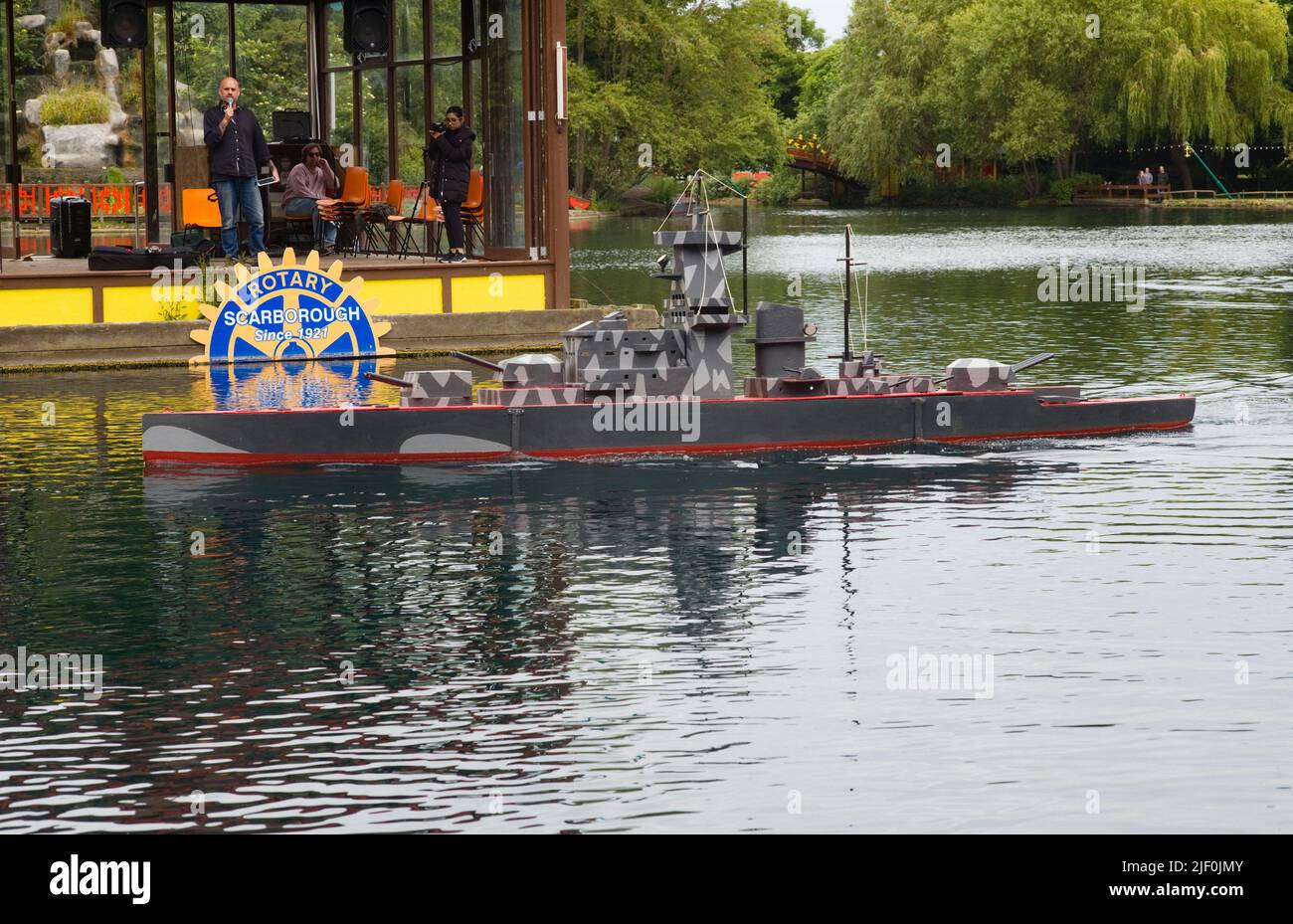 Model of German Battleship during River Plate naval battle presentation at Peasholm Park boating lake in Scarborough Stock Photo