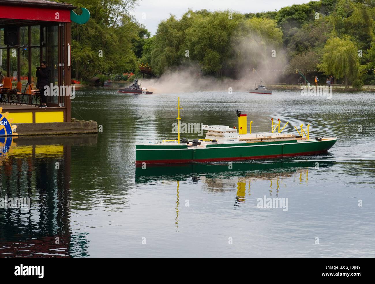 Model of Jervis Bay during River Plate naval battle presentation at Peasholm Park boating lake in Scarborough Stock Photo