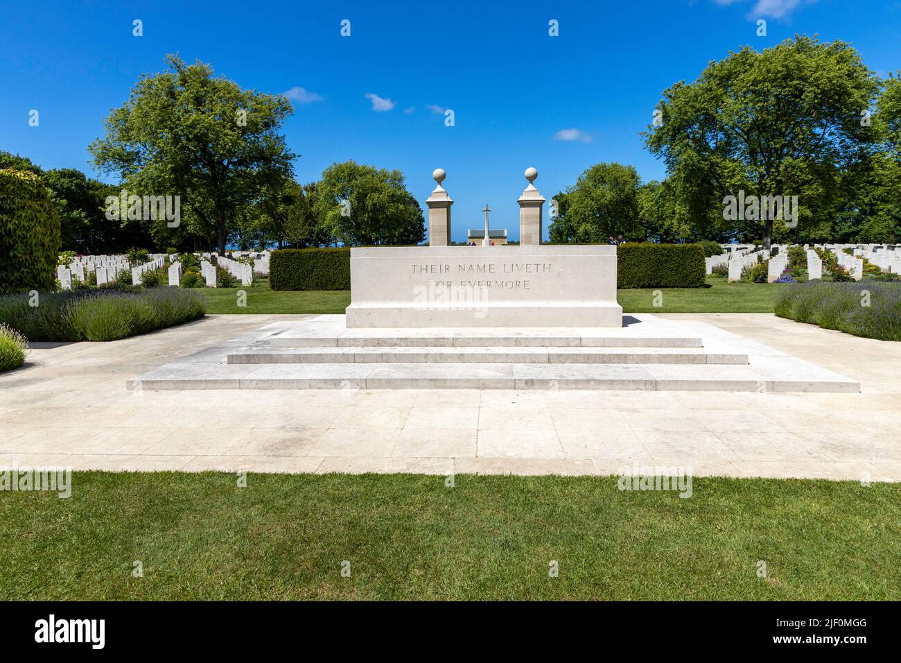 Memorial stone plinth at the Canadian War Grave Cemetery in Beny Sur Mer Stock Photo