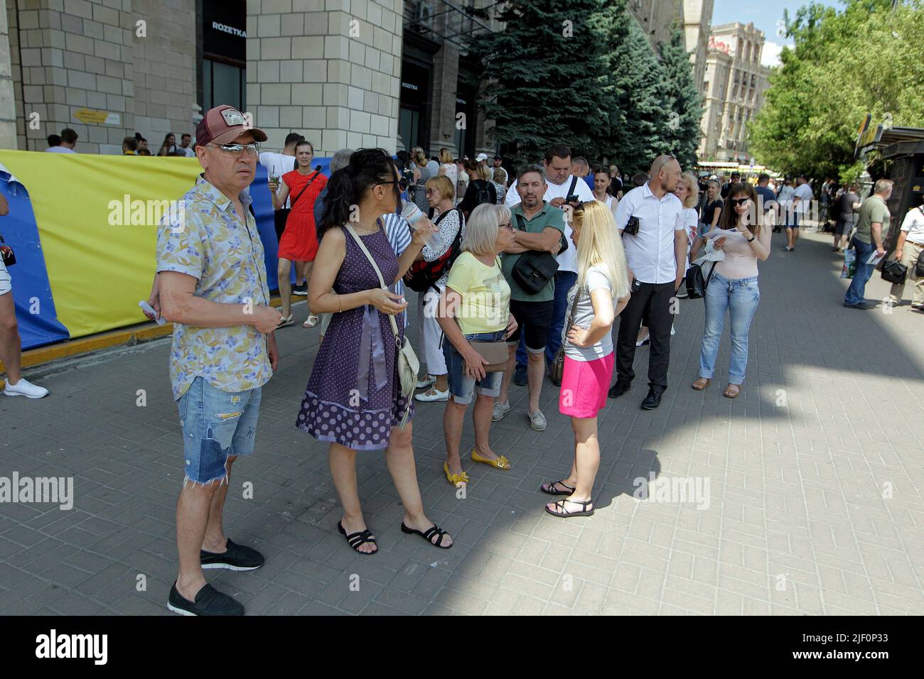 Kiev, Ukraine - June 28, 2022 - People queue to buy the Ukrainian Dream postage stamps, envelopes and postcards outside the Central Post Office in Maidan Nezalezhnosti on Constitution Day, Kyiv, capital of Ukraine. Sofiia Kravchuk, 11, from Liuboml, Volyn Region, depicted the Antonov An-225 Mriya aircraft in a drawing submitted to the What Does Ukraine Mean to Me? contest held in 2021, the year marking 30 years of Ukraine's independence. The An-225 Mriya ( (a 'dream' in Ukrainian) was destroyed in the Battle of Antonov Airport during the 2022 Russian invasion of Ukraine. This photo cannot be d Stock Photo