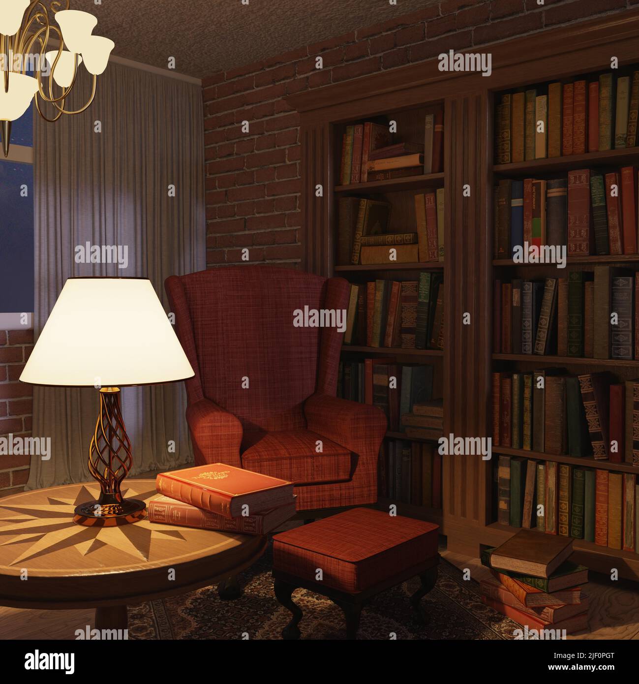 3DIllustration of cozy reading corner with a table lamp and books