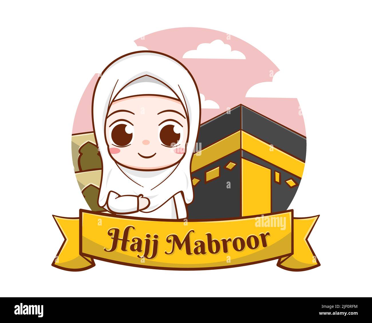 Islamic hajj pilgrimage with cute girl and kaaba cartoon illustration ...