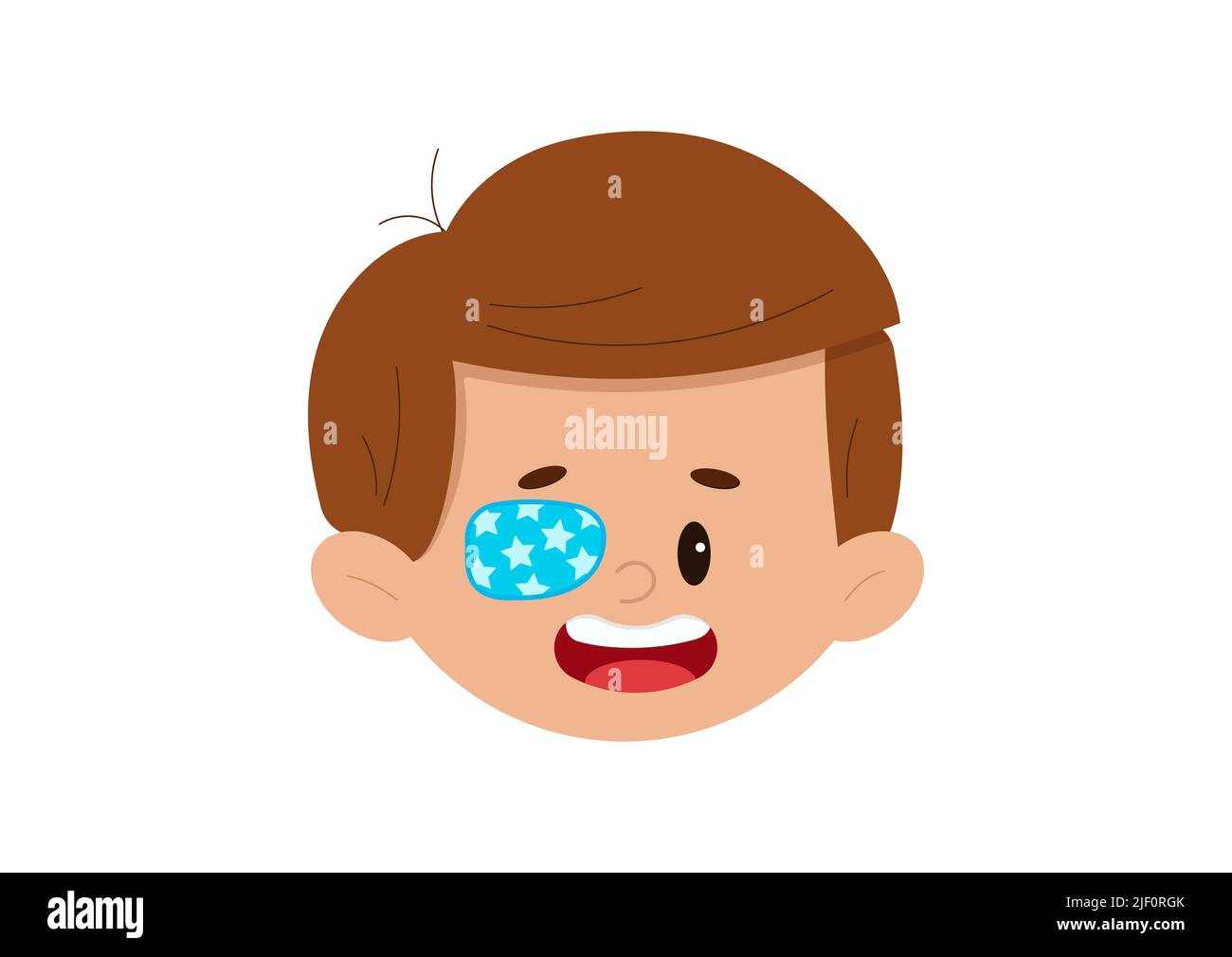 Amblyopia eye patch on boy face isolated on white background. Stock Vector