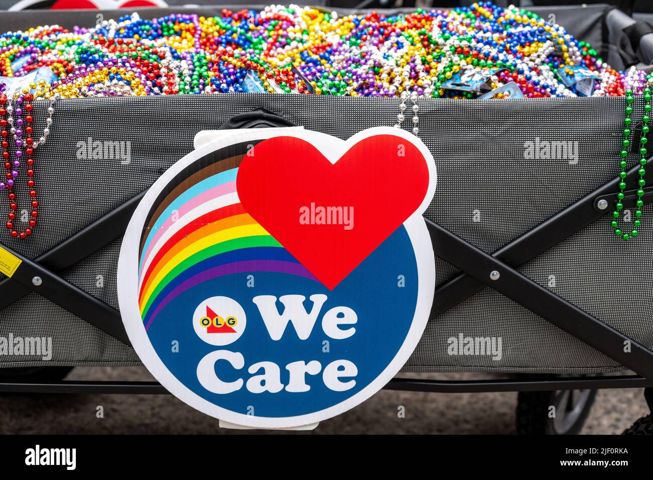 A cart full of rainbow necklaces to give away during Pride Parade. The initiative comes from the OLG (Ontario Lottery and Gaming Corporation) Stock Photo