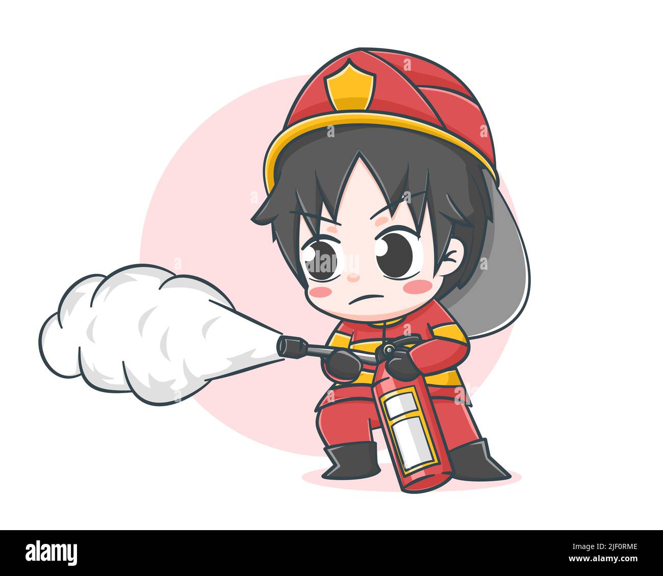 Cute fireman using a fire extinguisher cartoon illustration Stock ...