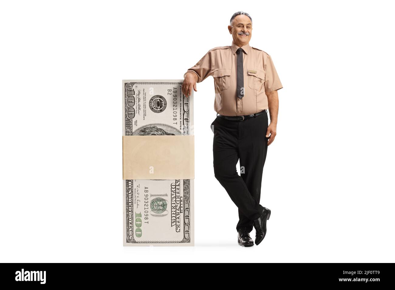 Security officer leaning on a stack of us dollar banknotes isolated on white background Stock Photo