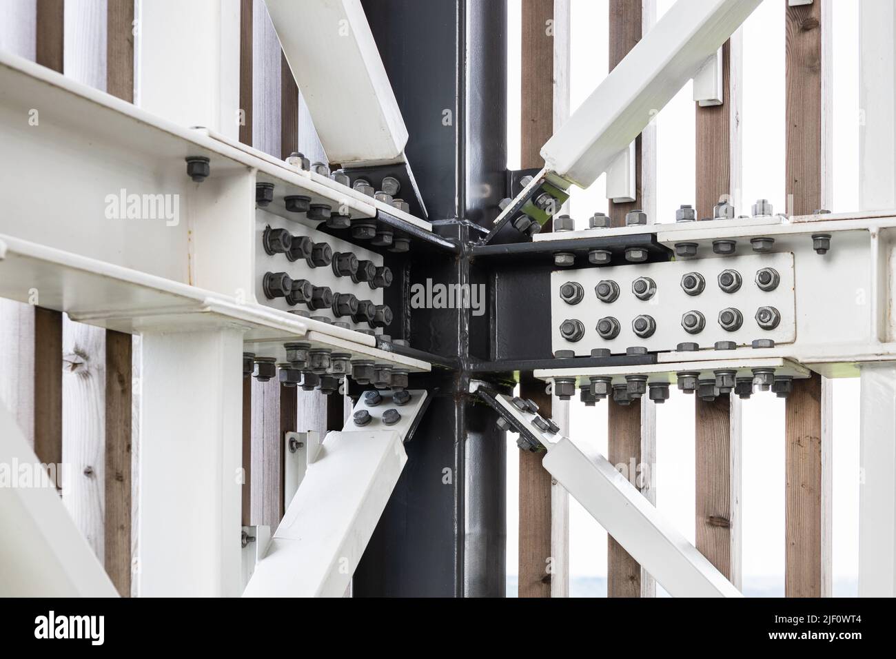 Steel construction frame beam with connecting screw bolts and nuts Stock Photo