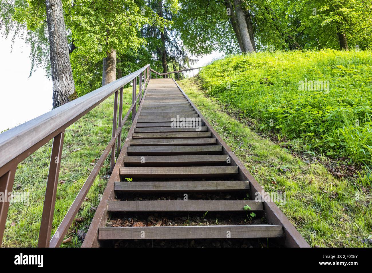 Wooden staircase leading to the Vytautas Hill, Birstonas, Lithuania Stock Photo