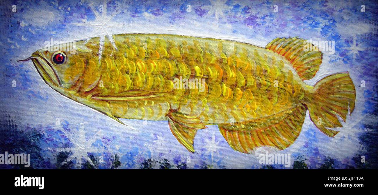 Art ,painting ,Oil color, Auspicious ,Arowana fish ,Lucky , Thailand Stock Photo