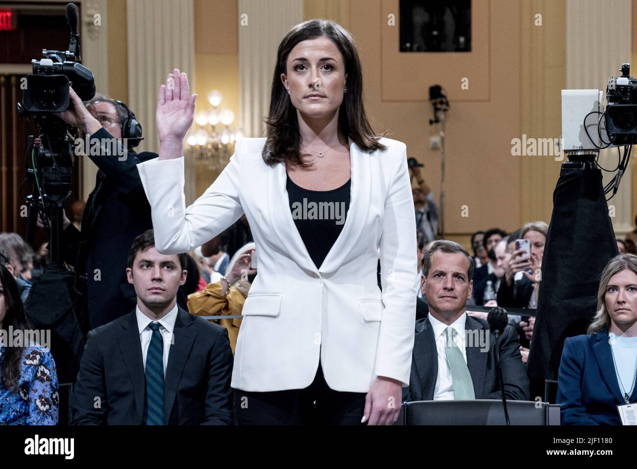 Washington, United States. 28th June, 2022. Cassidy Hutchinson, former aide to Trump White House chief of staff Mark Meadows, is sworn in to testify as the House select committee investigating the Jan. 6 attack on the U.S. Capitol holds a hearing at the Capitol in Washington, Tuesday, June 28, 2022. Pool Photo by Andrew Harnik/UPI Credit: UPI/Alamy Live News Stock Photo