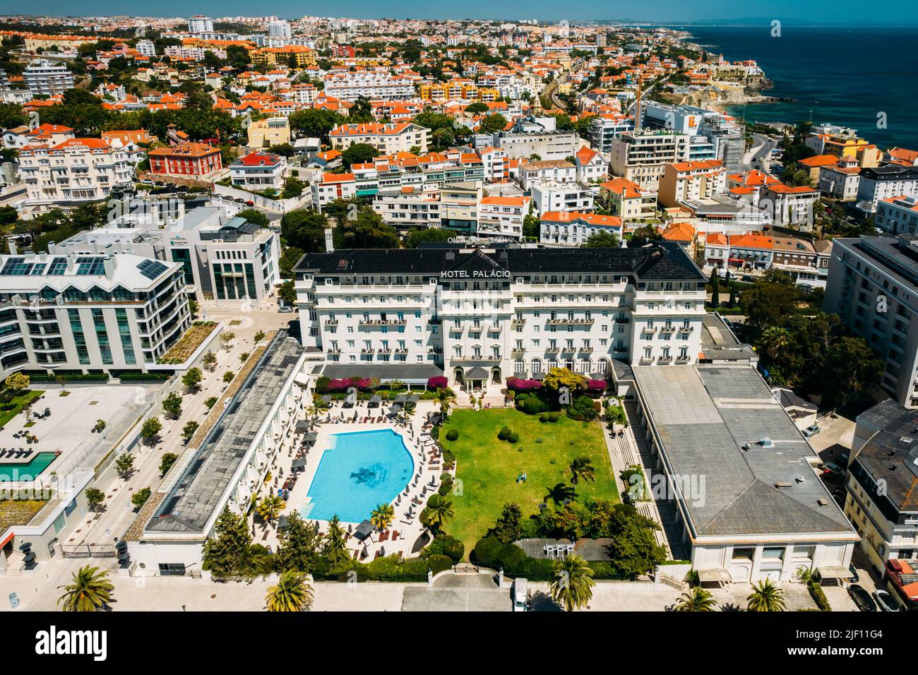 Estoril, Portugal - June 28, 2022: Aerial view of famous Hotel Palacio in Estoril, Portugal with surrounding neighbourhood Stock Photo