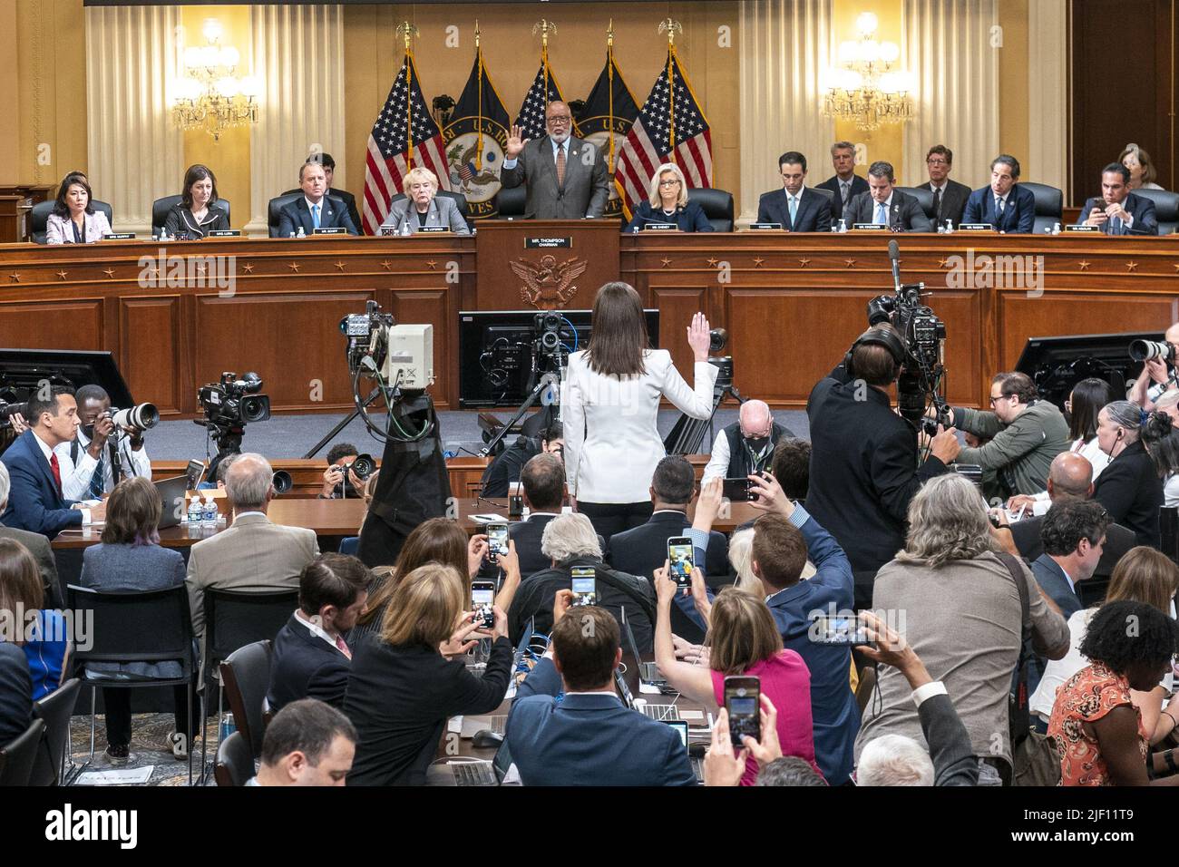 Washington, United States. 28th June, 2022. Cassidy Hutchinson, former Special Assistant to President Trump, is is sworn in during the sixth public hearing by the House Select Committee to Investigate the January 6th Attack on the U.S. Capitol in Washington on Tuesday, June 28, 2022. Photo by Shawn Thew/UPI Credit: UPI/Alamy Live News Stock Photo