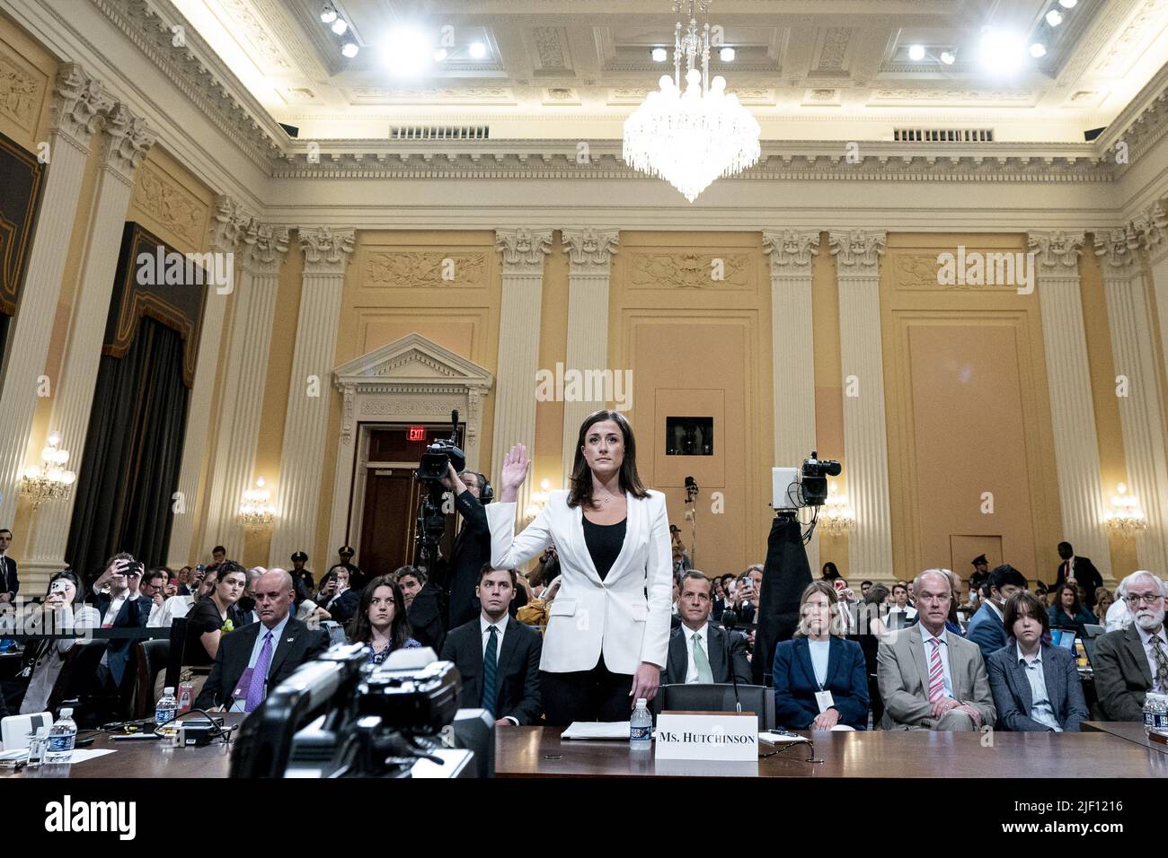 Washington, United States. 28th June, 2022. Cassidy Hutchinson, former aide to Trump White House chief of staff Mark Meadows, is sworn in to testify as the House select committee investigating the Jan. 6 attack on the U.S. Capitol holds a hearing at the Capitol in Washington, Tuesday, June 28, 2022. Pool Photo by Andrew Harnik/UPI Credit: UPI/Alamy Live News Stock Photo