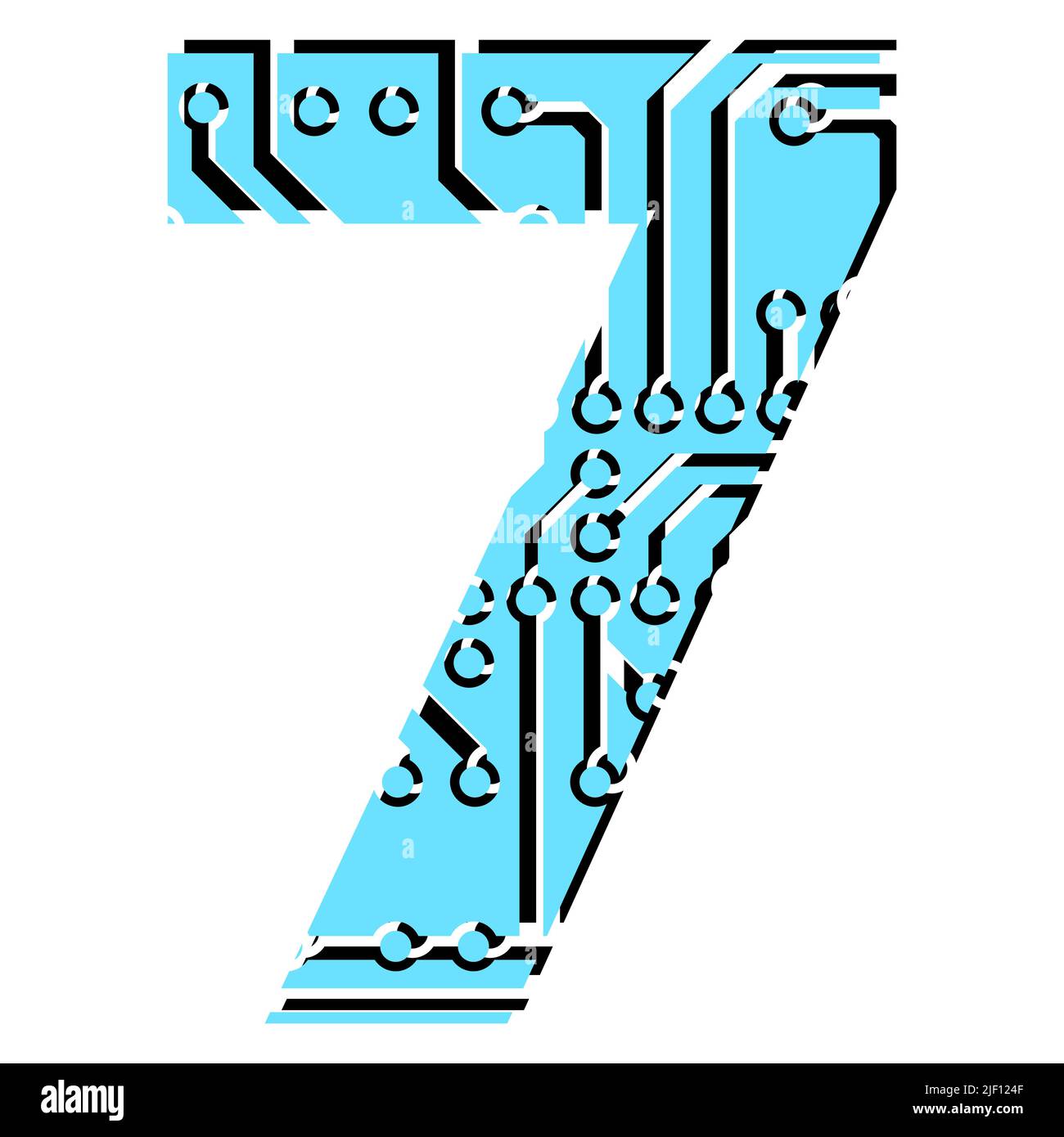 Digit 7 perforated with PCB circuit board tracks isolated on white. Colored digit for headlines of modern digital world. Vector design element. Stock Vector