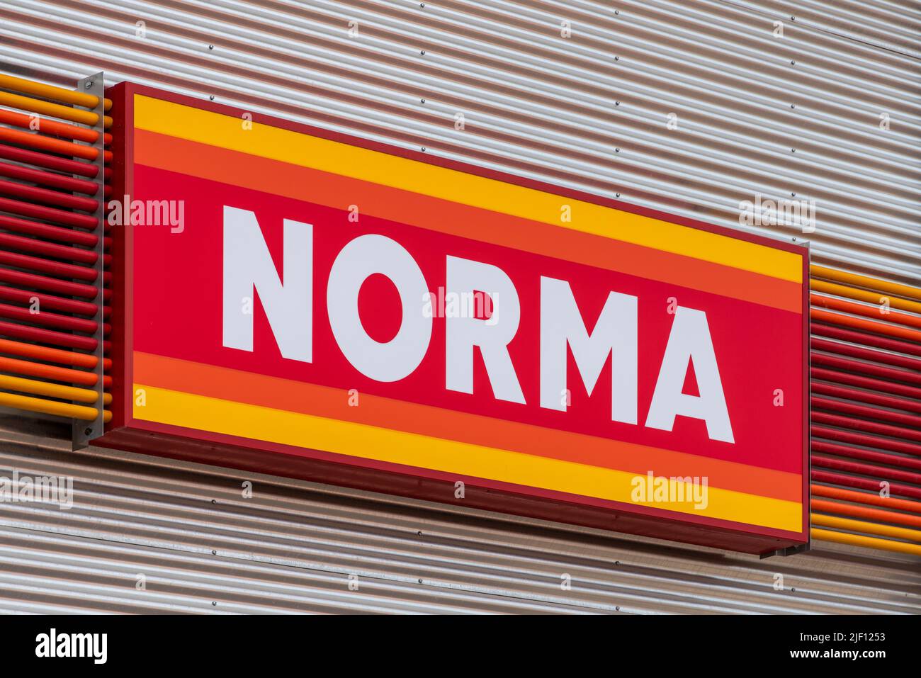AUGSBURG, GERMANY – JUNE 16, 2022: Advertising sign of the discounter store NORMA Stock Photo