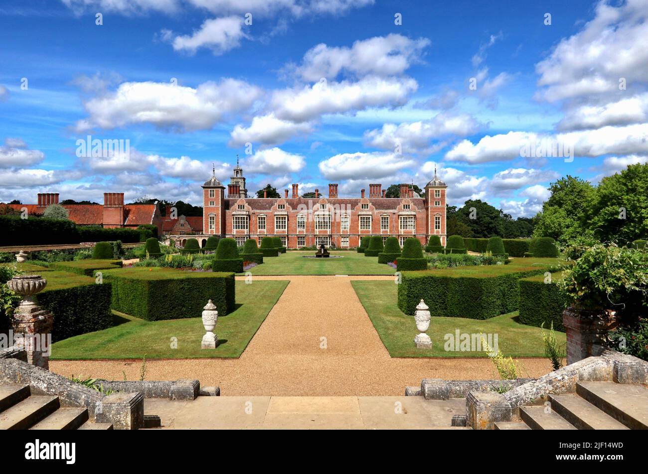 Blicking Hall east wing and formal gardens. Stock Photo
