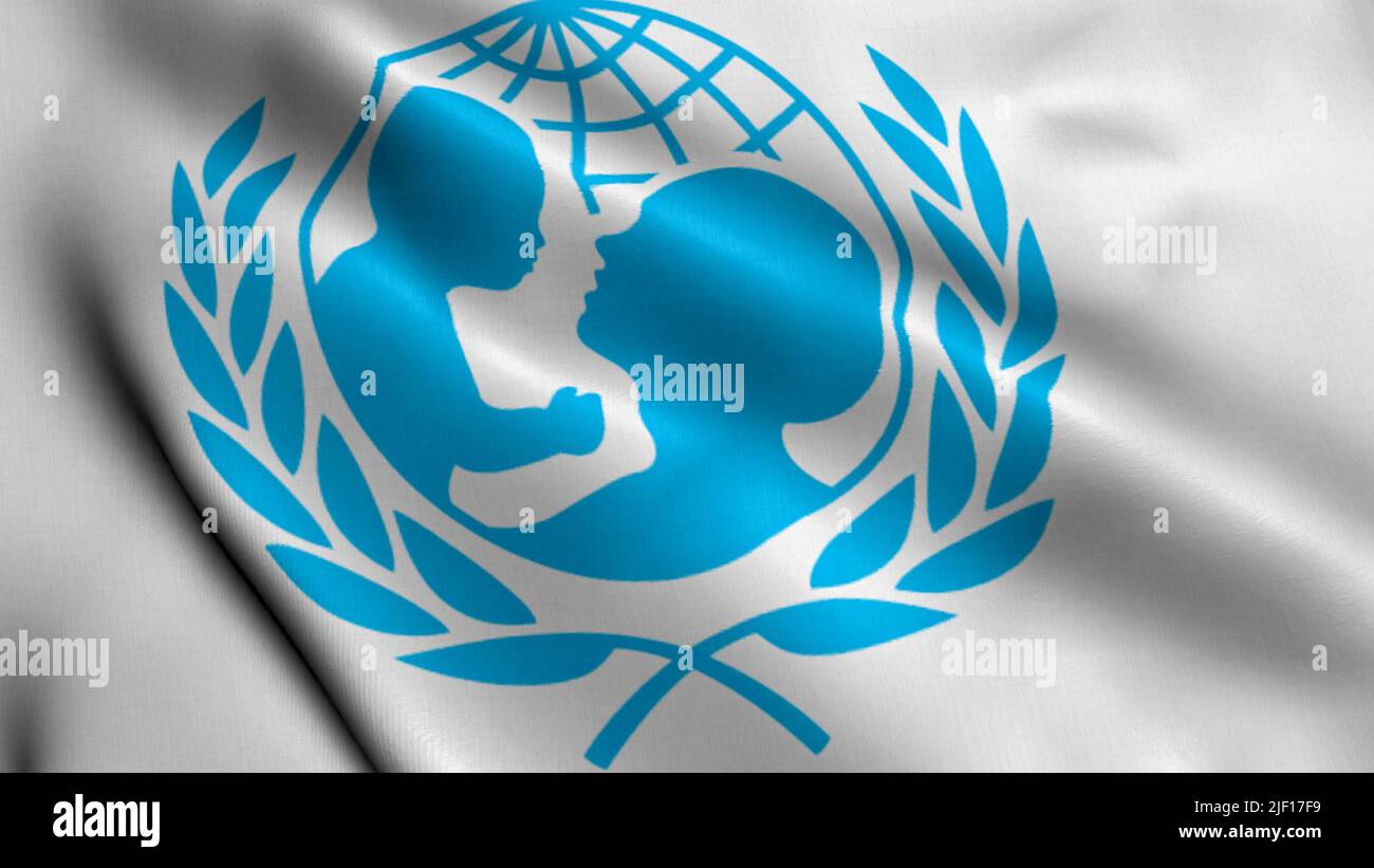 The United Nations International Children's Emergency Fund Flag. Realistic Fabric Texture Satin UNICEF Flag Stock Photo