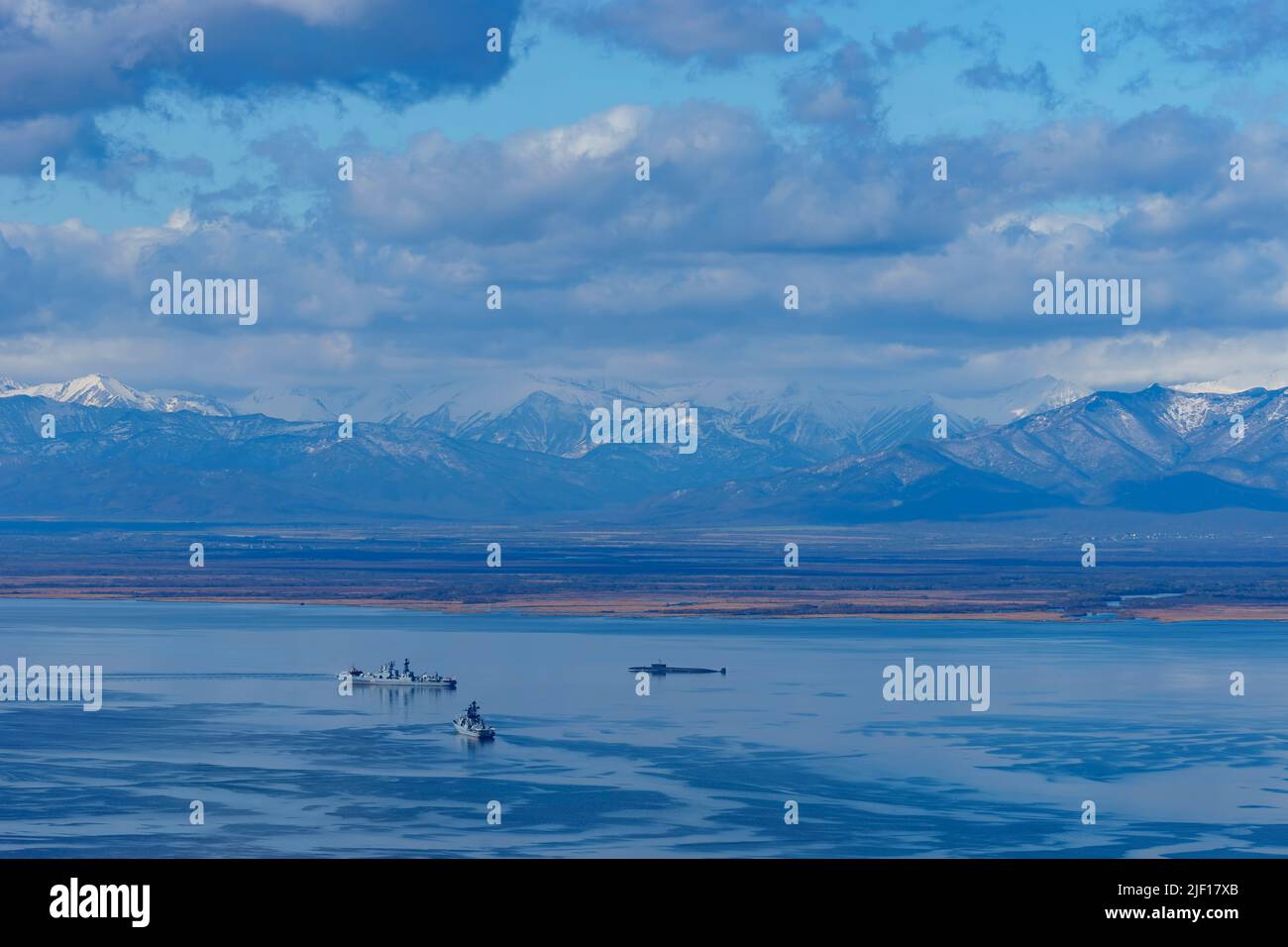 Avacha Bay with warships and a submarine. Kamchatka Stock Photo