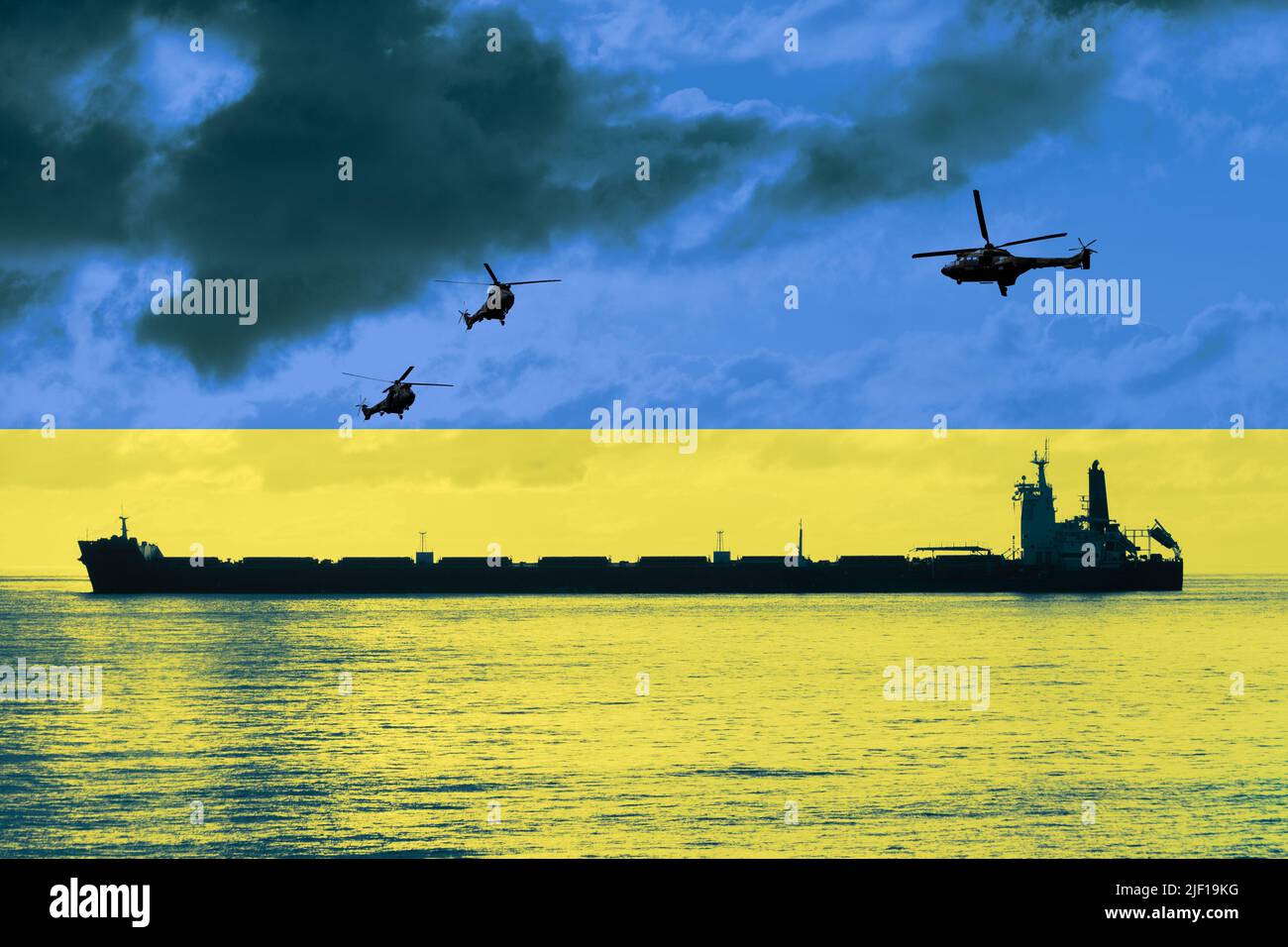 Bulk cargo ship and military helicopters overlayed with flag of Ukraine. Russia/Ukraine conflict war, wheat, grain, shortage, world food prices... Stock Photo