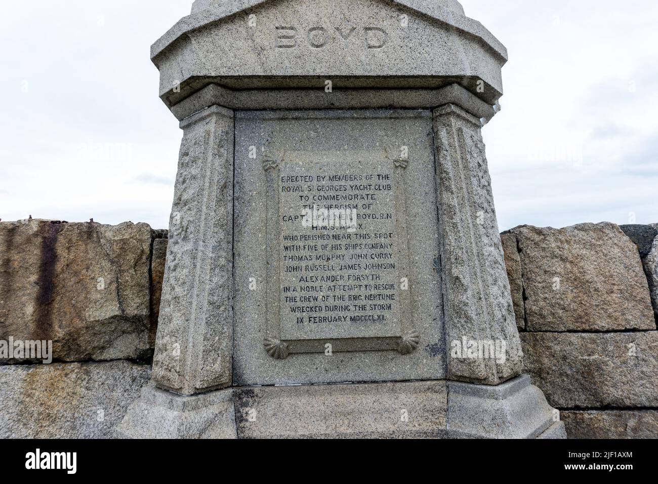 A plaque on Dun Laoghaire Pier to the crew of the HMS Ajax who perished in an attempted  rescue of the crew of the Neptune on 9th February 1861. Stock Photo