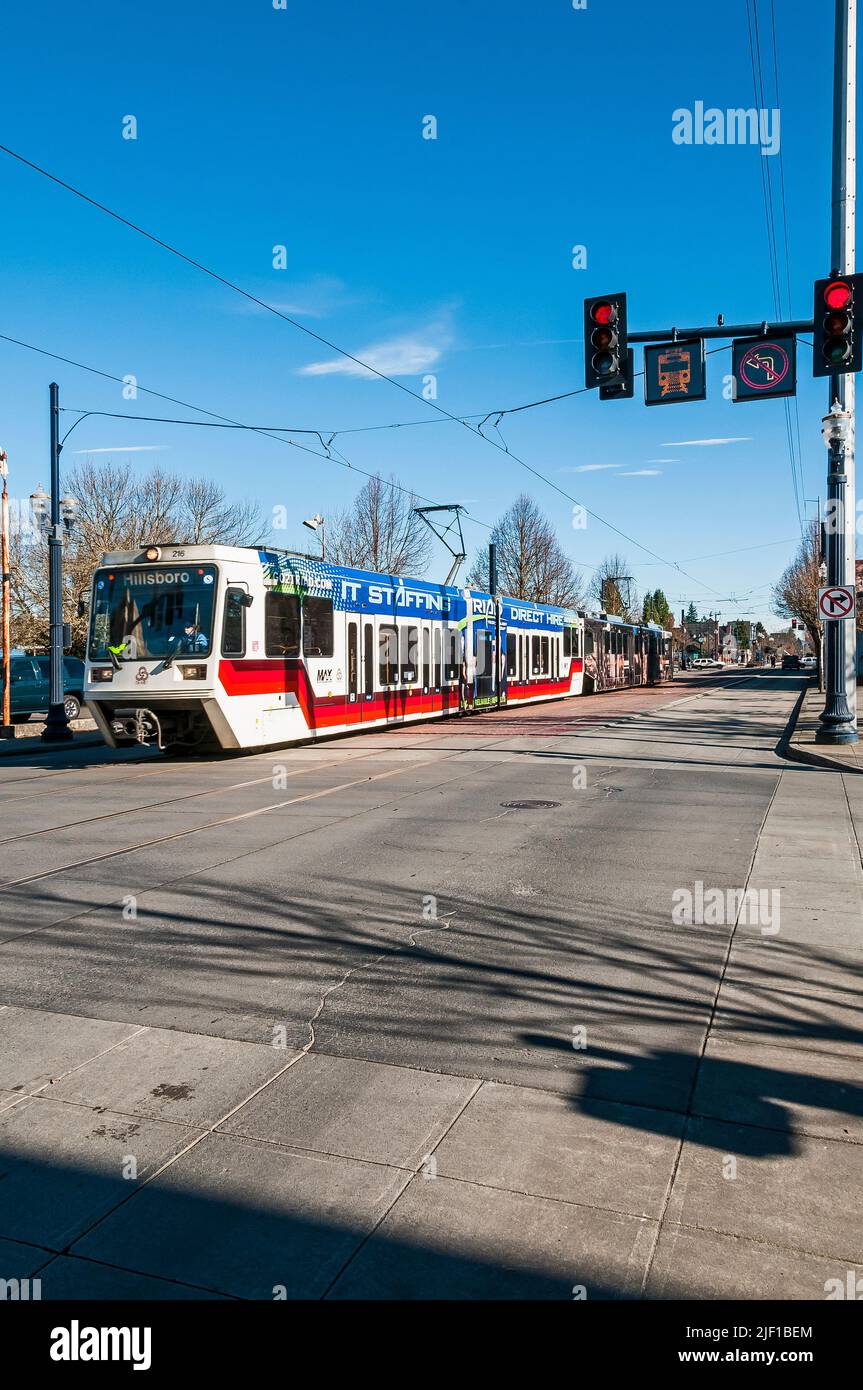 Tri-Met Light-Rail train and traffic signals at Second Avenue and