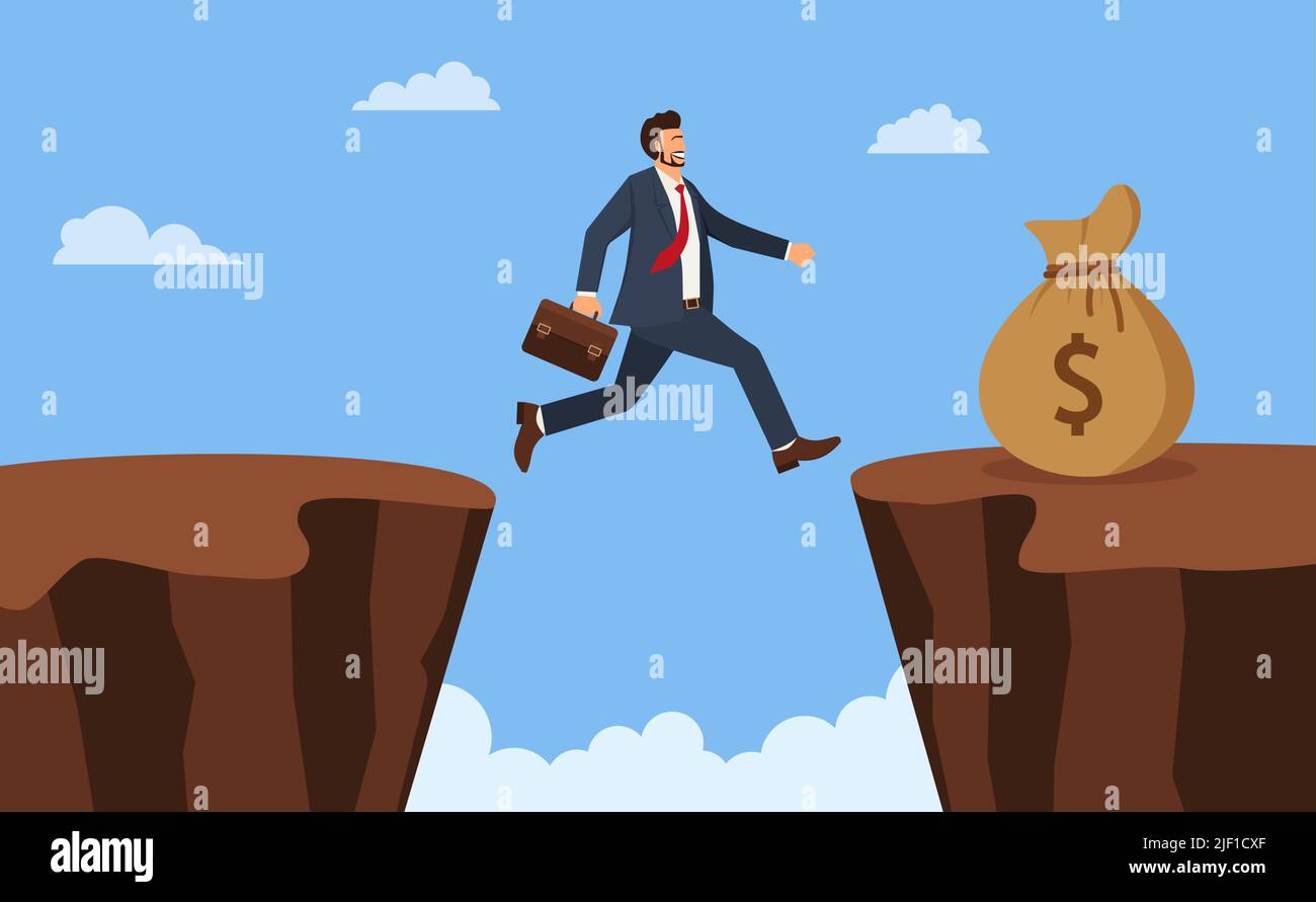 Businessman jump through the gap obstacles between hill success. Running and jump over cliffs. Business risk and success concept. Cartoon Vector Illus Stock Vector