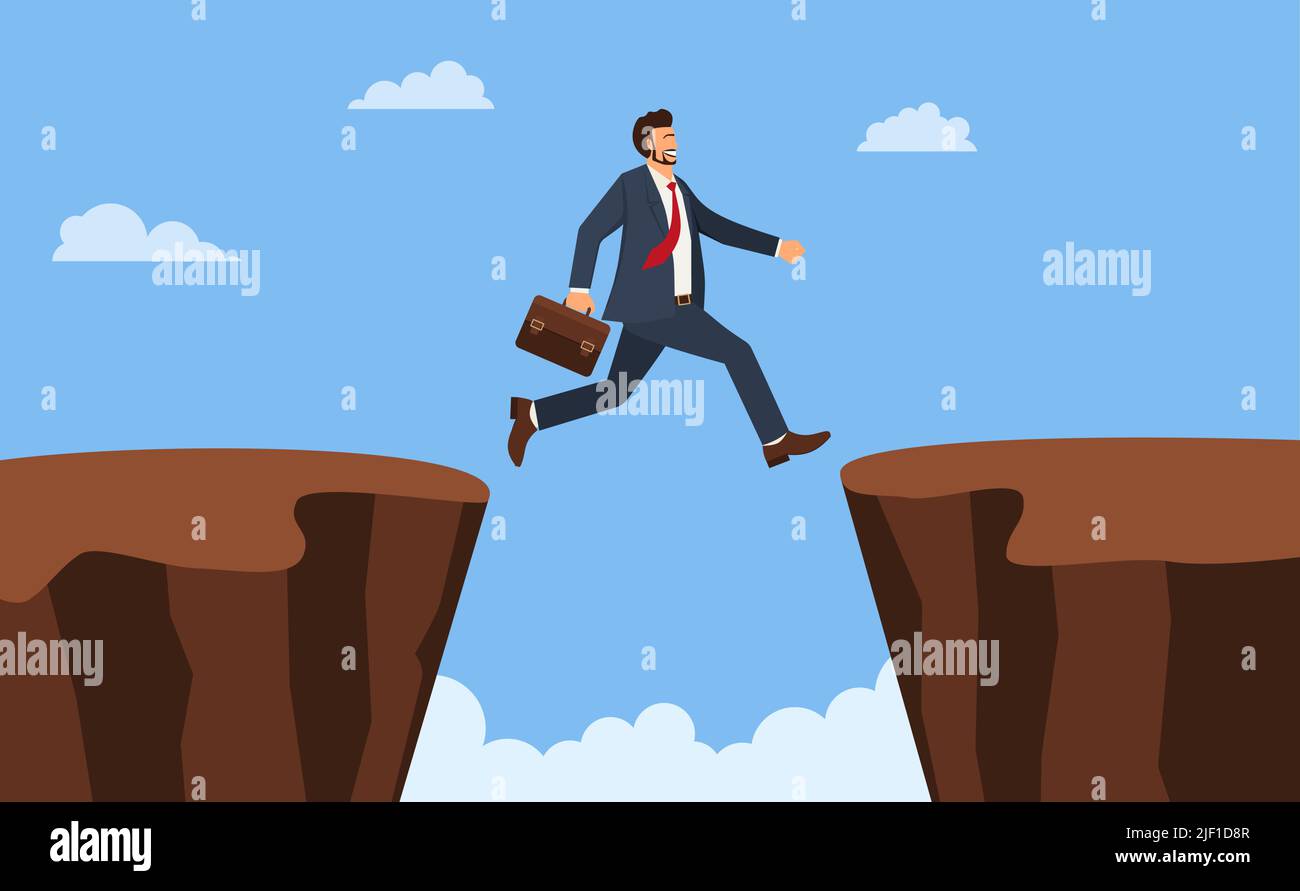 Businessman jump through the gap obstacles between hill success. Running and jump over cliffs. Business risk and success concept. Cartoon Vector Illus Stock Vector