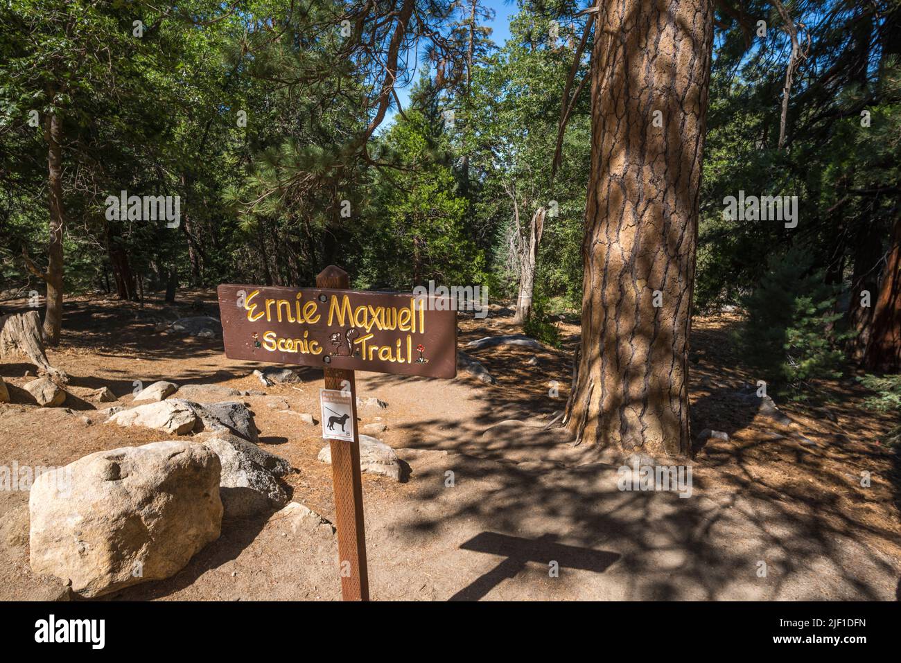 Ernie Maxwell Scenic Trail sign in Humber Park. Idyllwild, California. Stock Photo