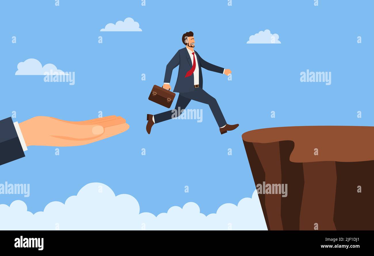 Businessman jump through the gap obstacles between hill success. Running and jump over cliffs. Business risk and success concept. Cartoon Vector Illus Stock Vector
