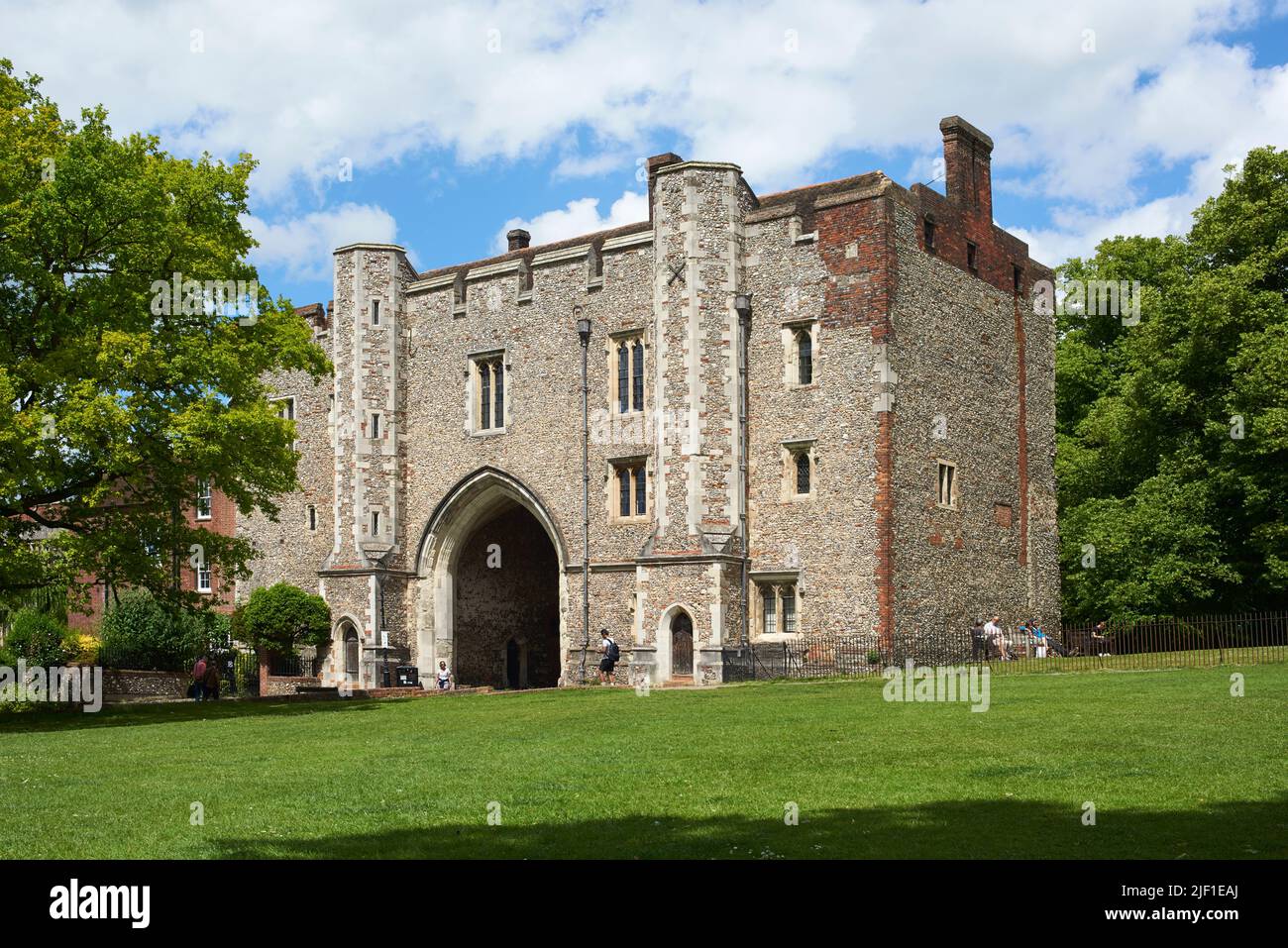 The medieval gateway of St Albans Abbey in the grounds of the cathedral, St Albans, Hertfordshire, South East England Stock Photo