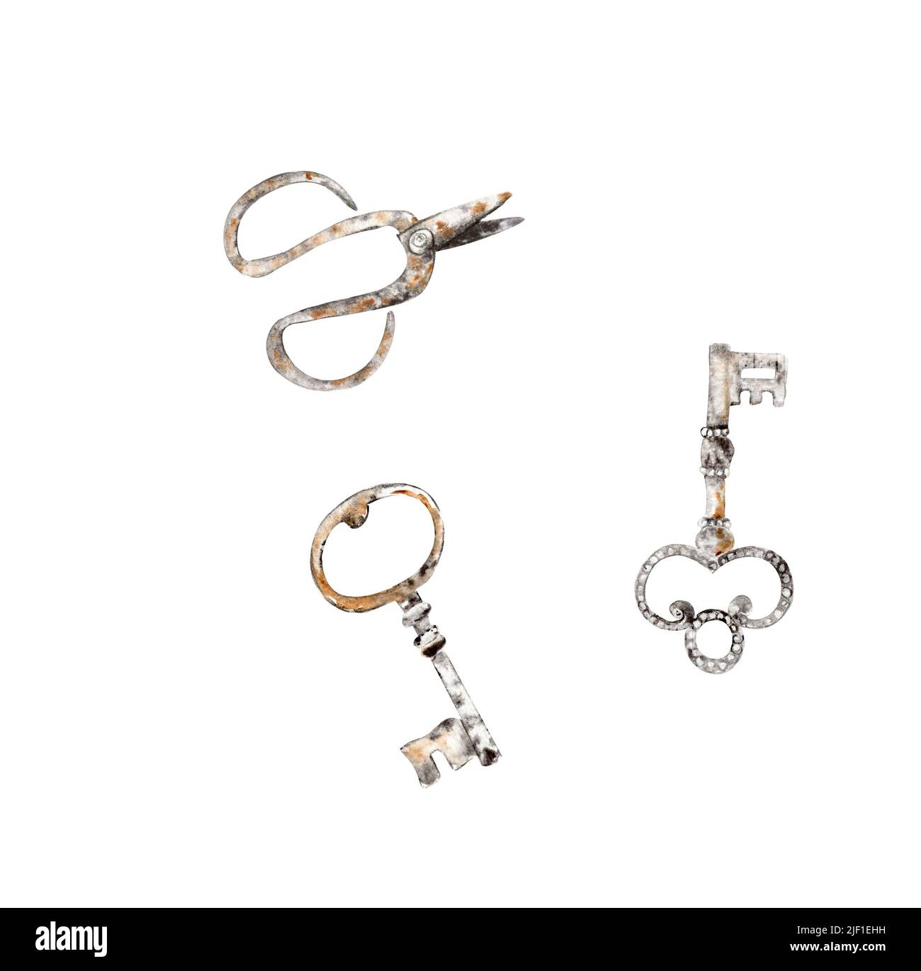 Hand drawn old rusty iron key set Stock Photo - Alamy