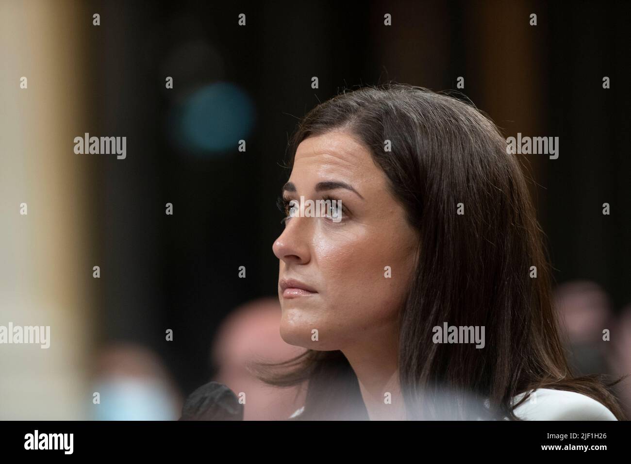 Cassidy Hutchinson, an aide to former White House Chief of Staff Mark Meadows, appears on day six of the United States House Select Committee to Investigate the January 6th Attack on the US Capitol hearing on Capitol Hill in Washington, DC on June 28, 2022. Credit: Rod Lamkey/CNP Stock Photo
