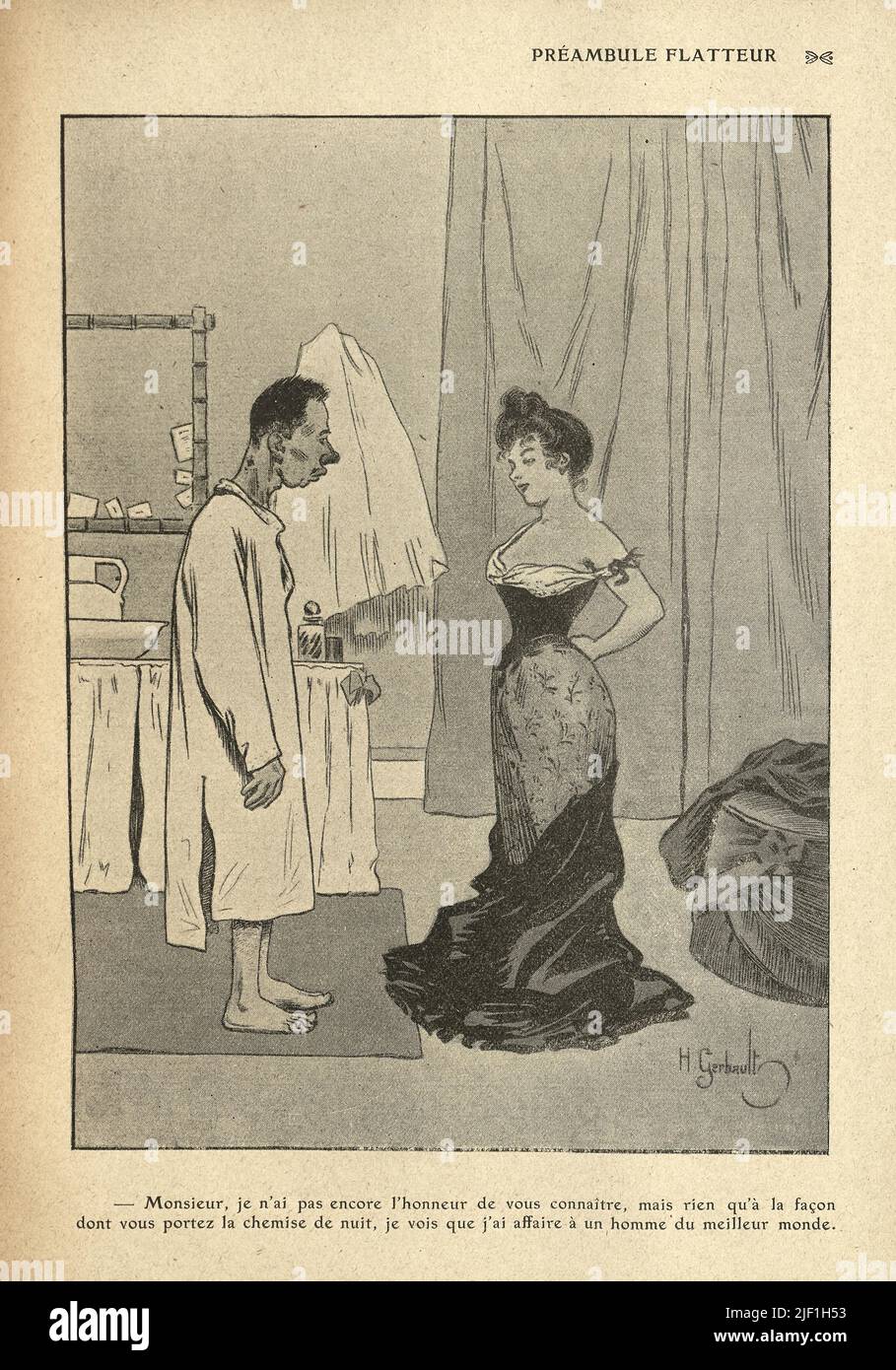 Vintage French cartoon by Henry Gerbault, 1900s. Préambule Flatteur, Flattering Preamble.  Beautiful young woman undressing before a man Stock Photo